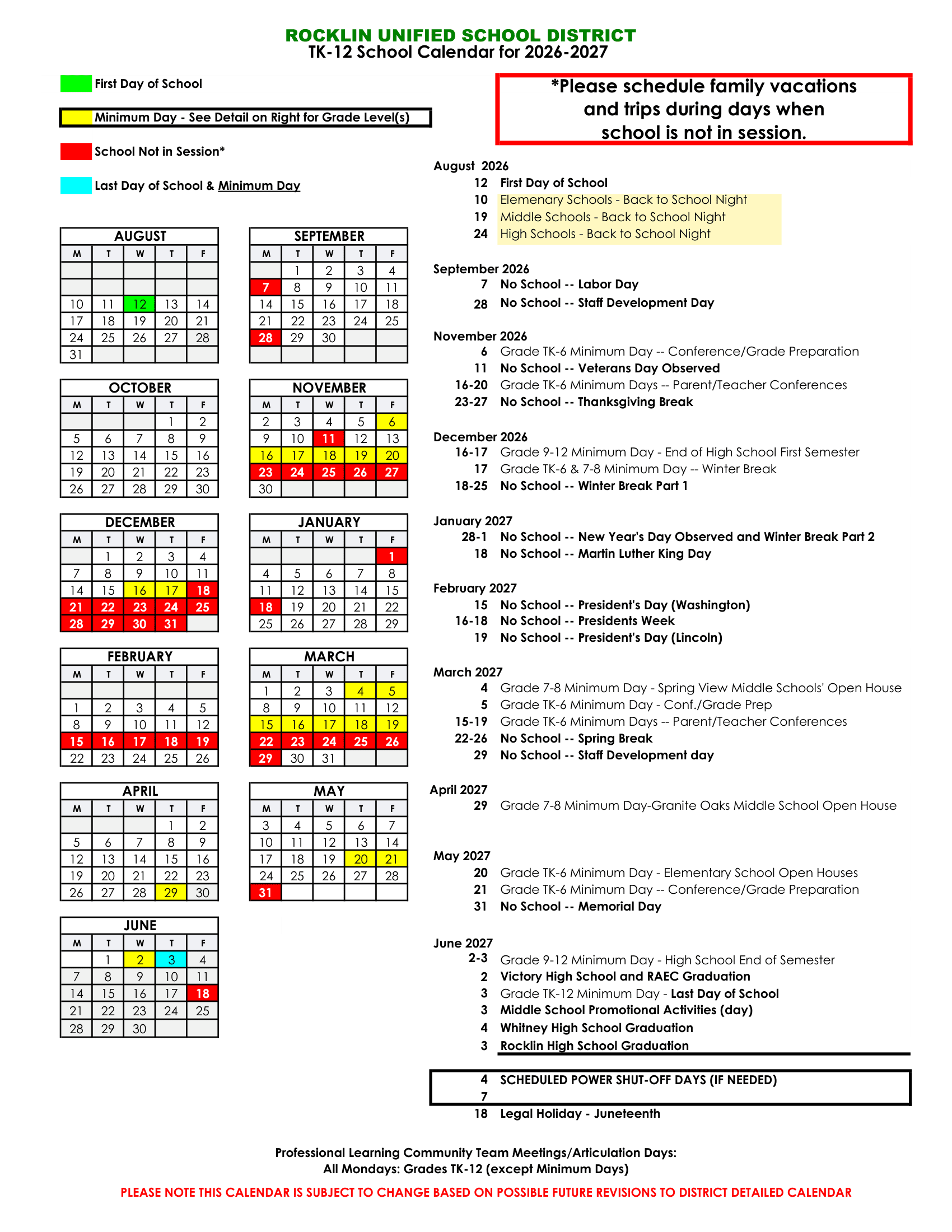 Rocklin Unified School District Calendar 26-27 Revised
