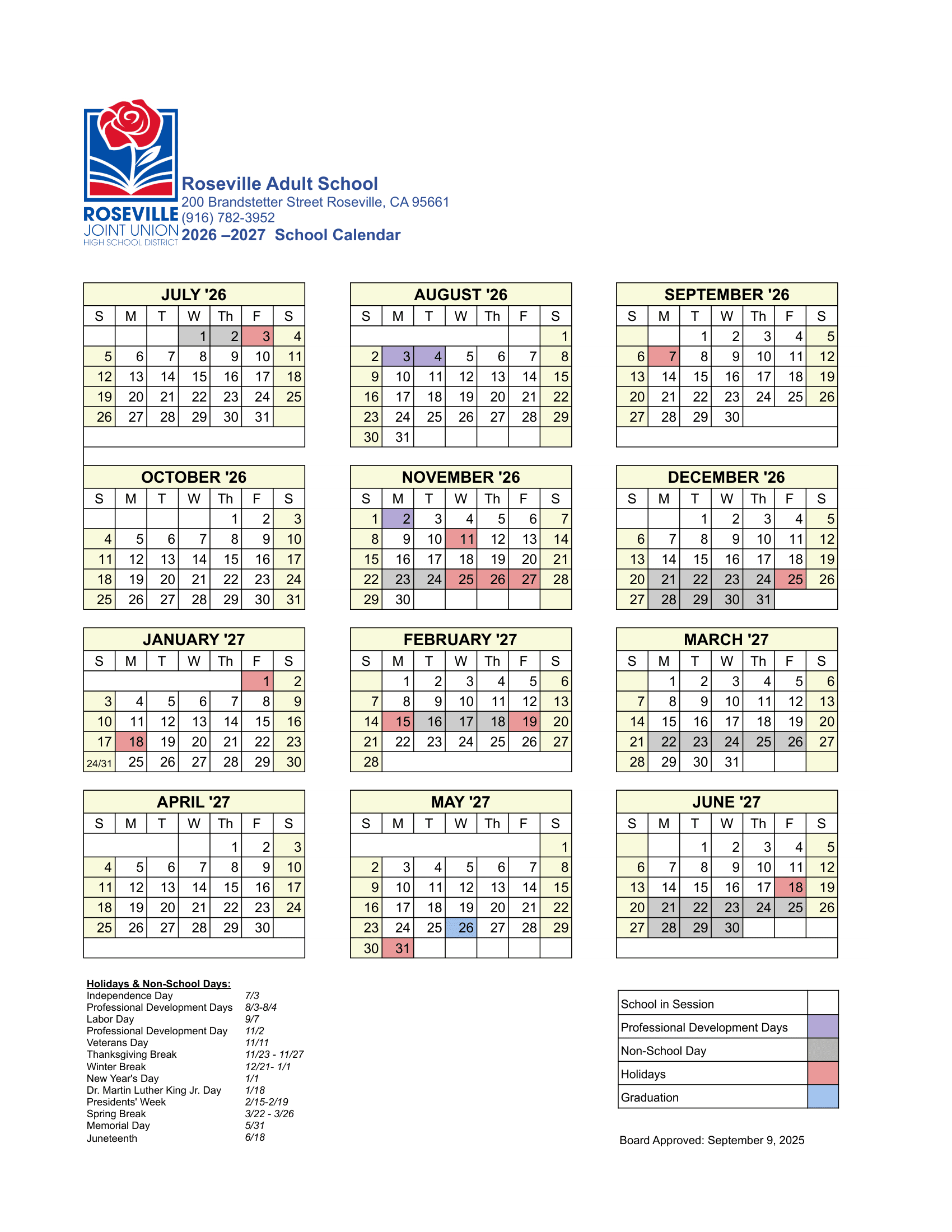 Roseville Adult School Calendar 26-27 Revised