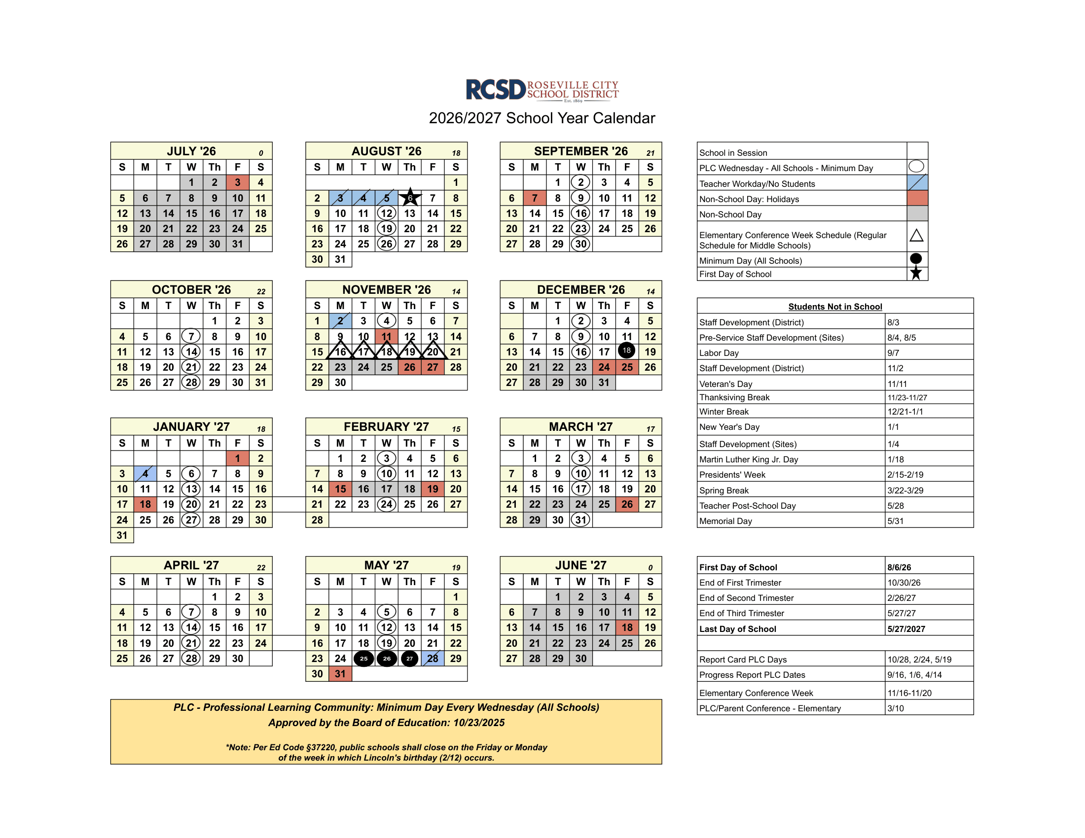 Roseville City School District Calendar 26-27 Revised