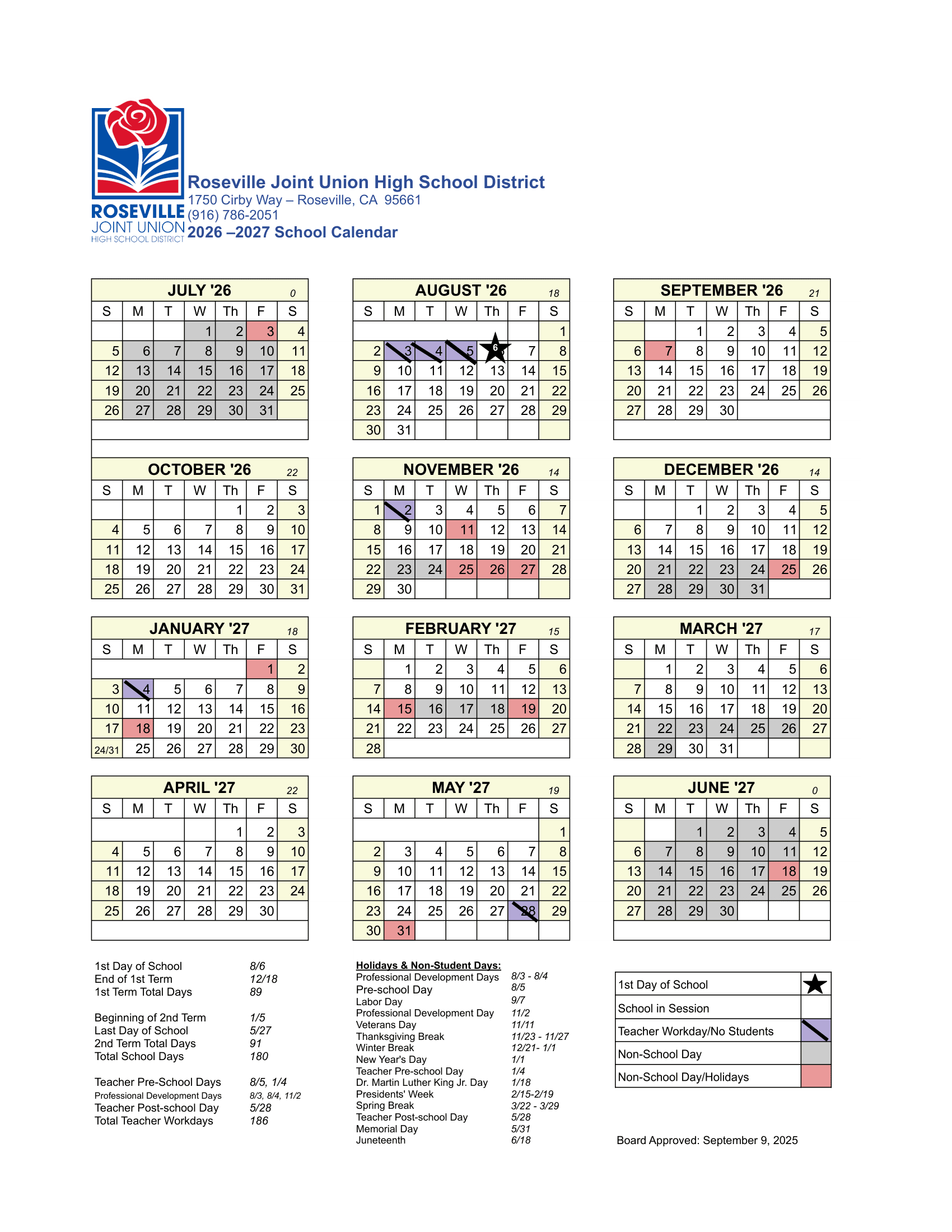 Roseville Joint Union High School District Calendar 26-27 Revised