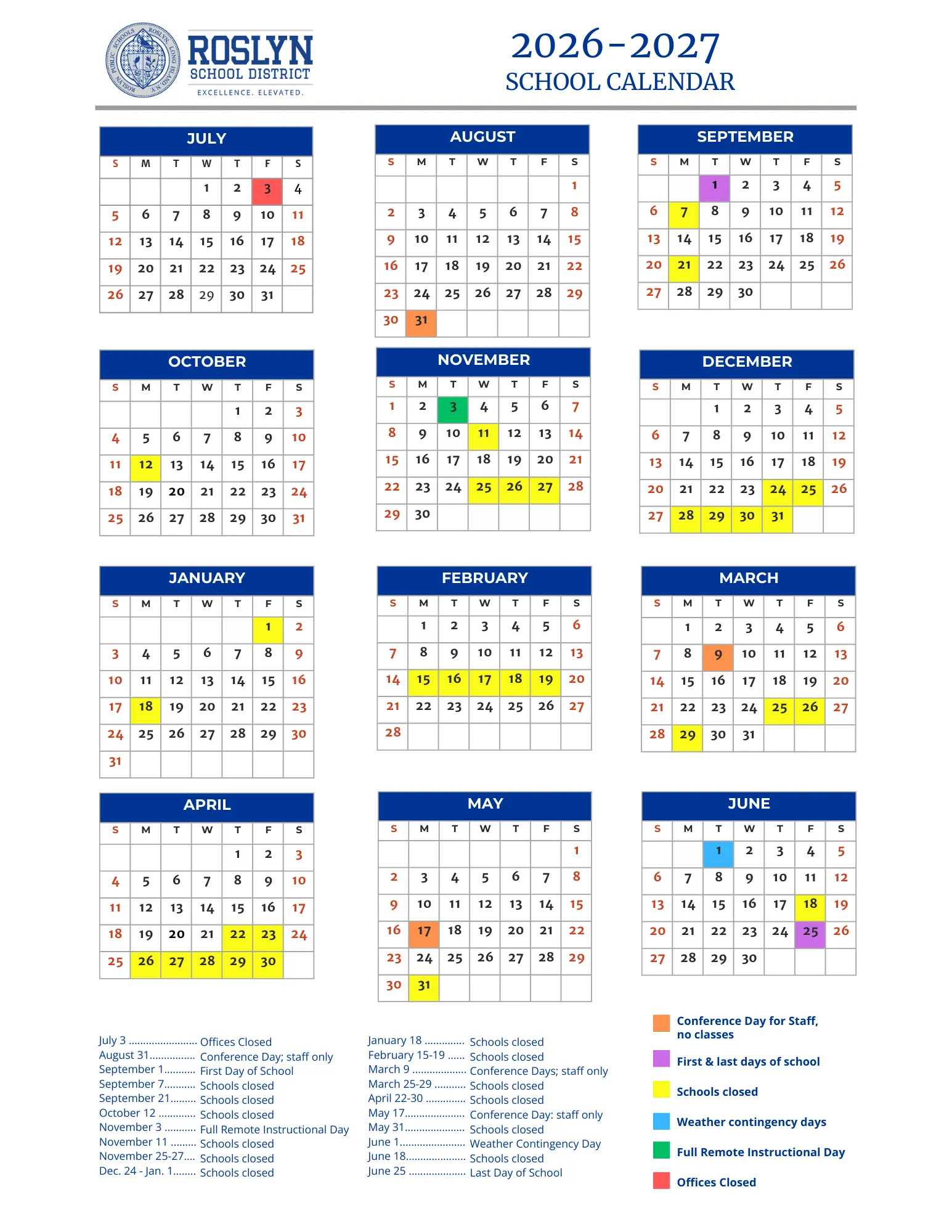 Roslyn School District Calendar 26-27 Revised