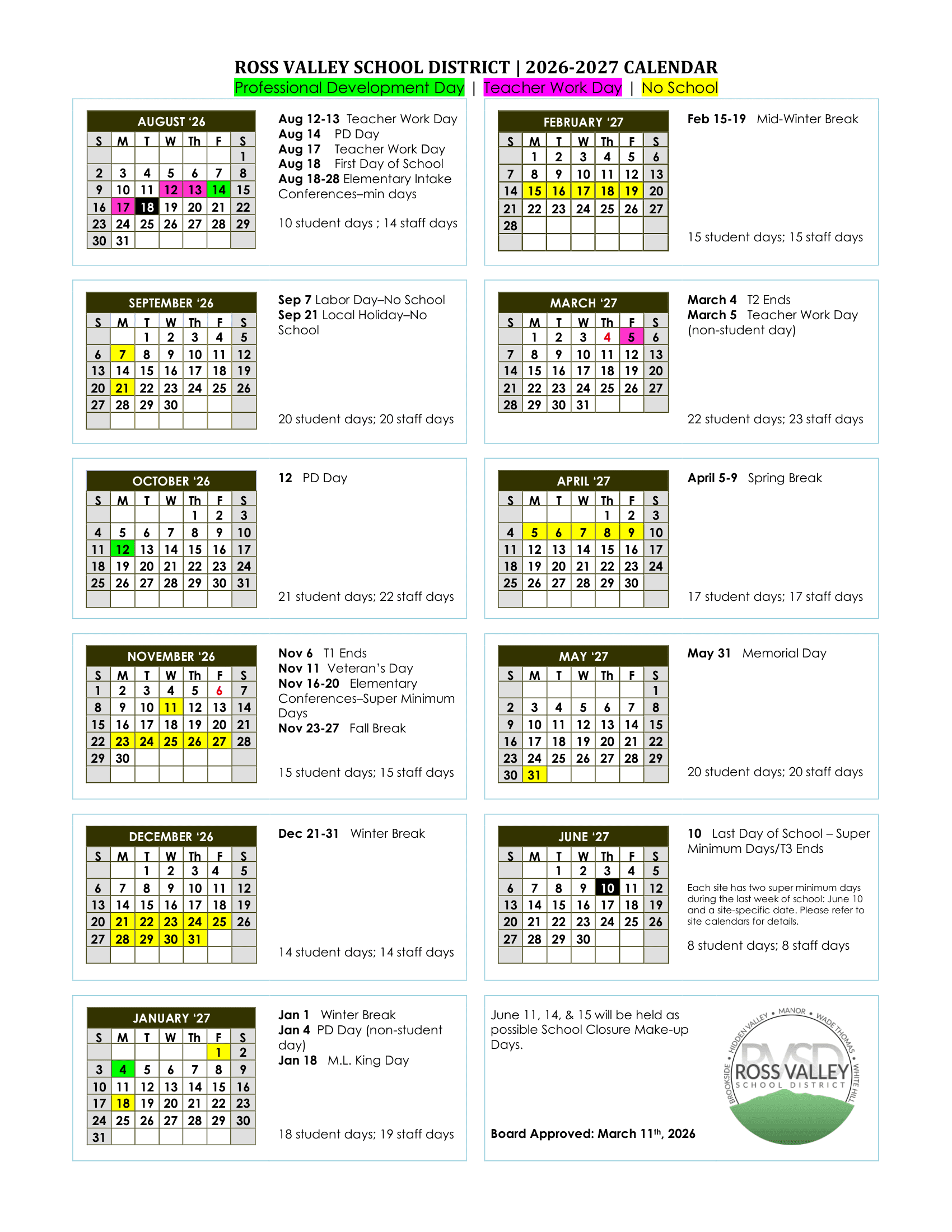Ross Valley School District Calendar 26-27 Revised