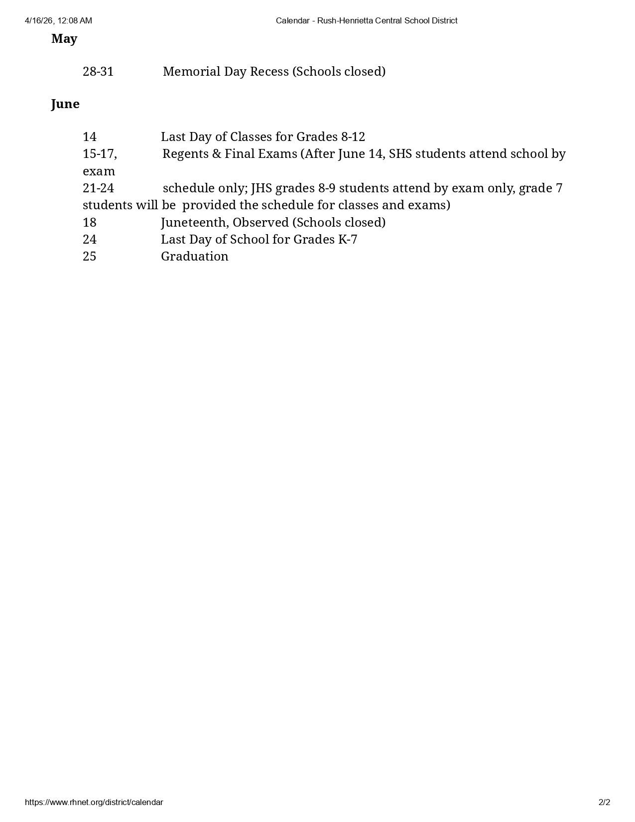 Rush-Henrietta Central School District Calendar 26-27 Revised