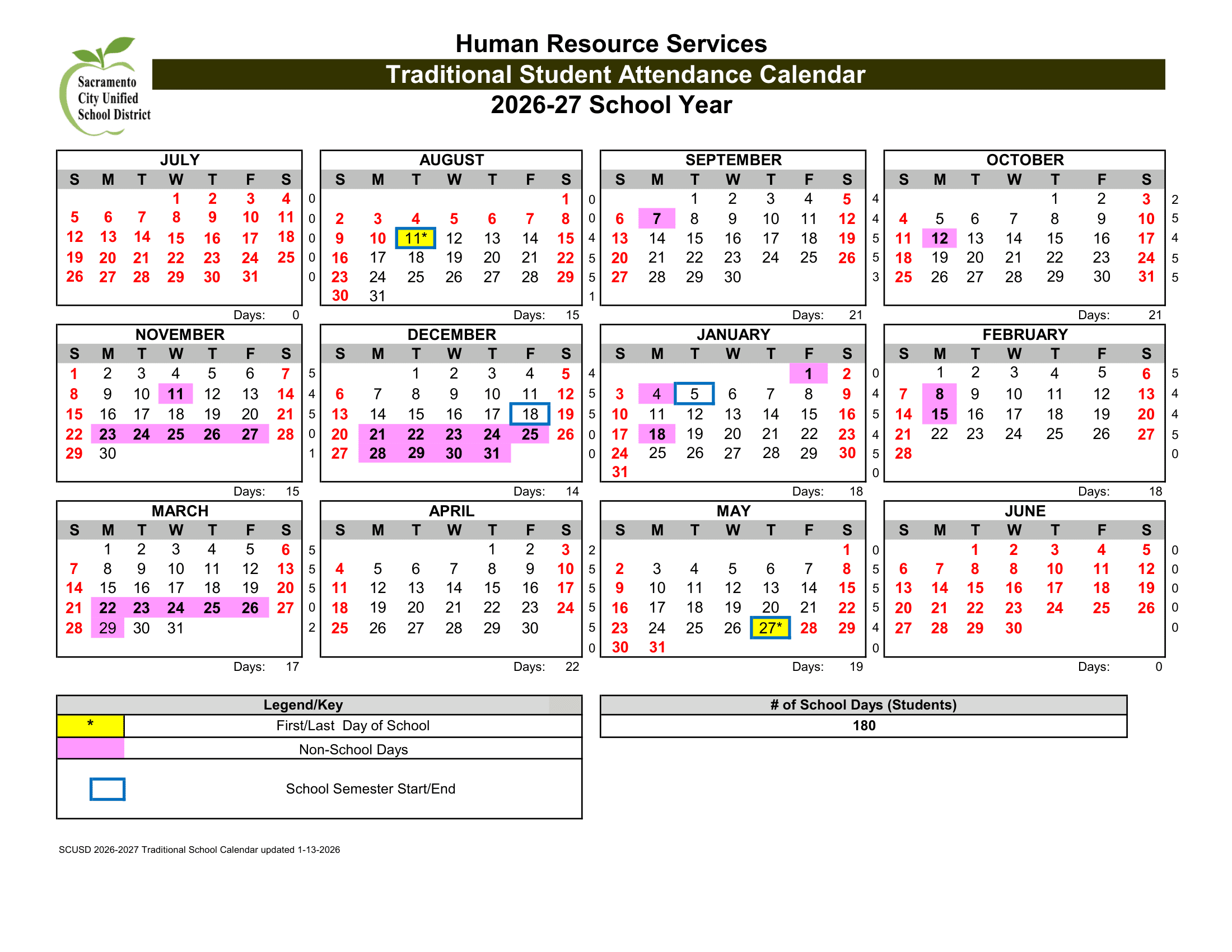 Sacramento City Unified School District Calendar 26-27 Revised