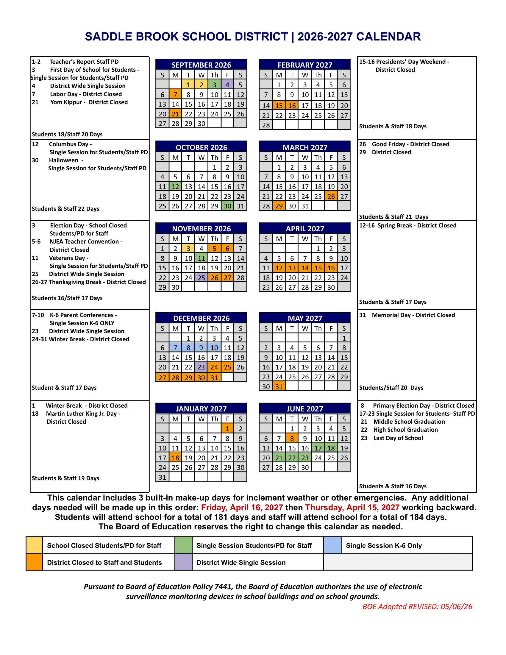Saddle Brook School District Calendar 26-27 Revised
