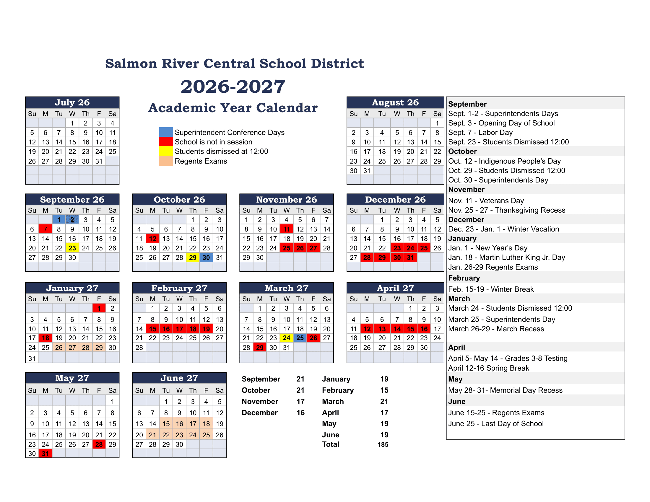 Salmon River Central School District Calendar 26-27 Revised