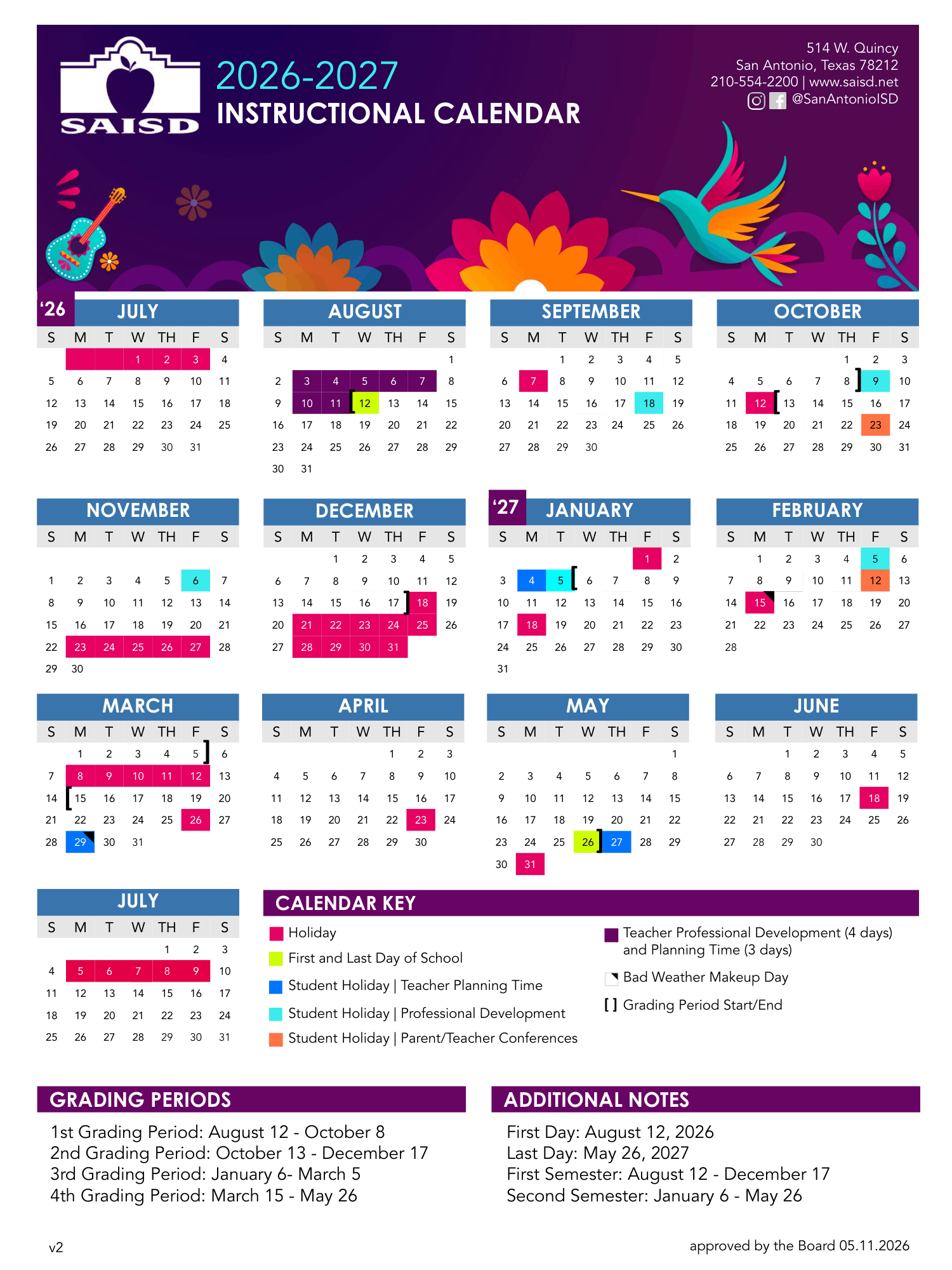 San Antonio Independent School District Calendar 26-27 Revised PDF