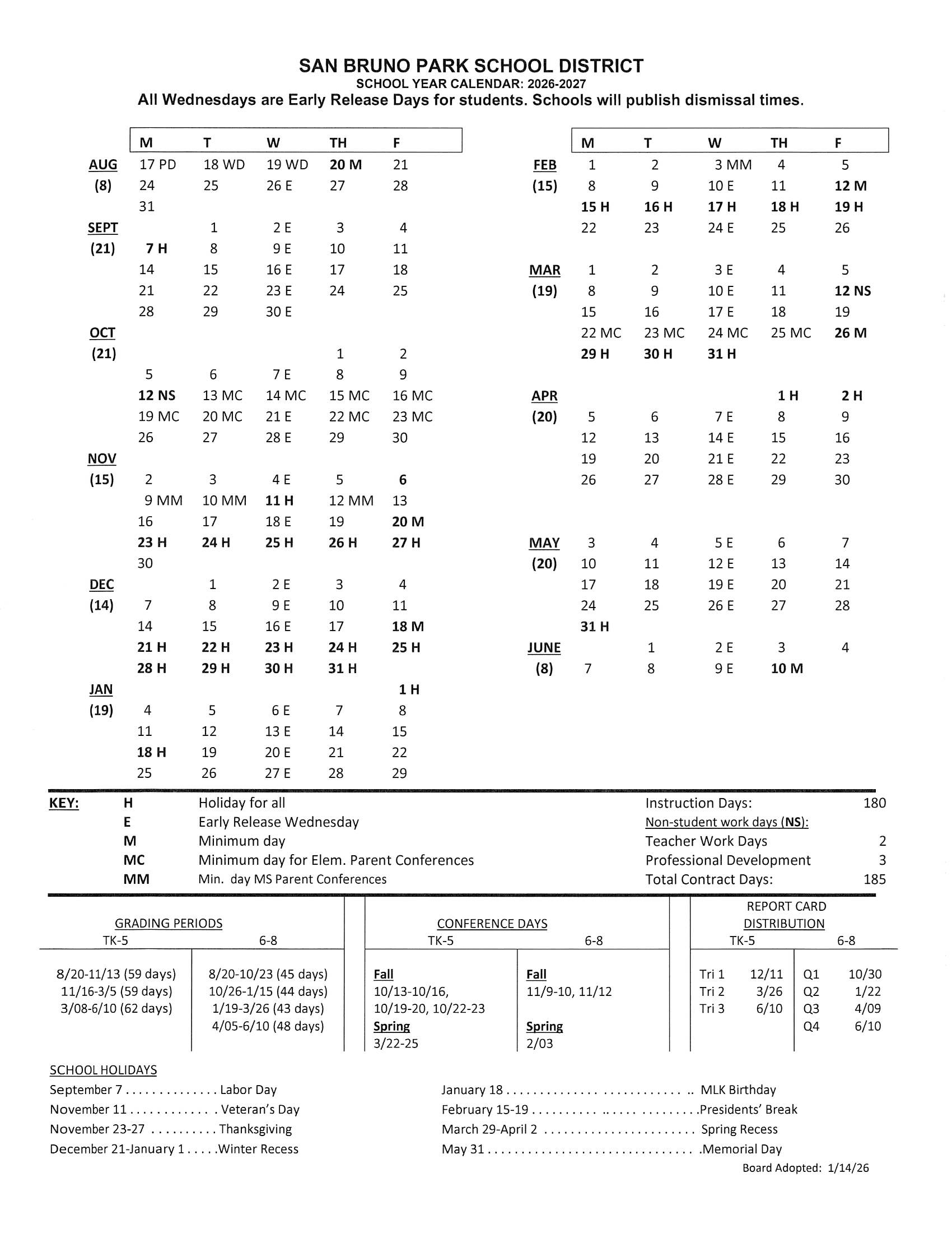 San Bruno Park School District Calendar 26-27 Revised