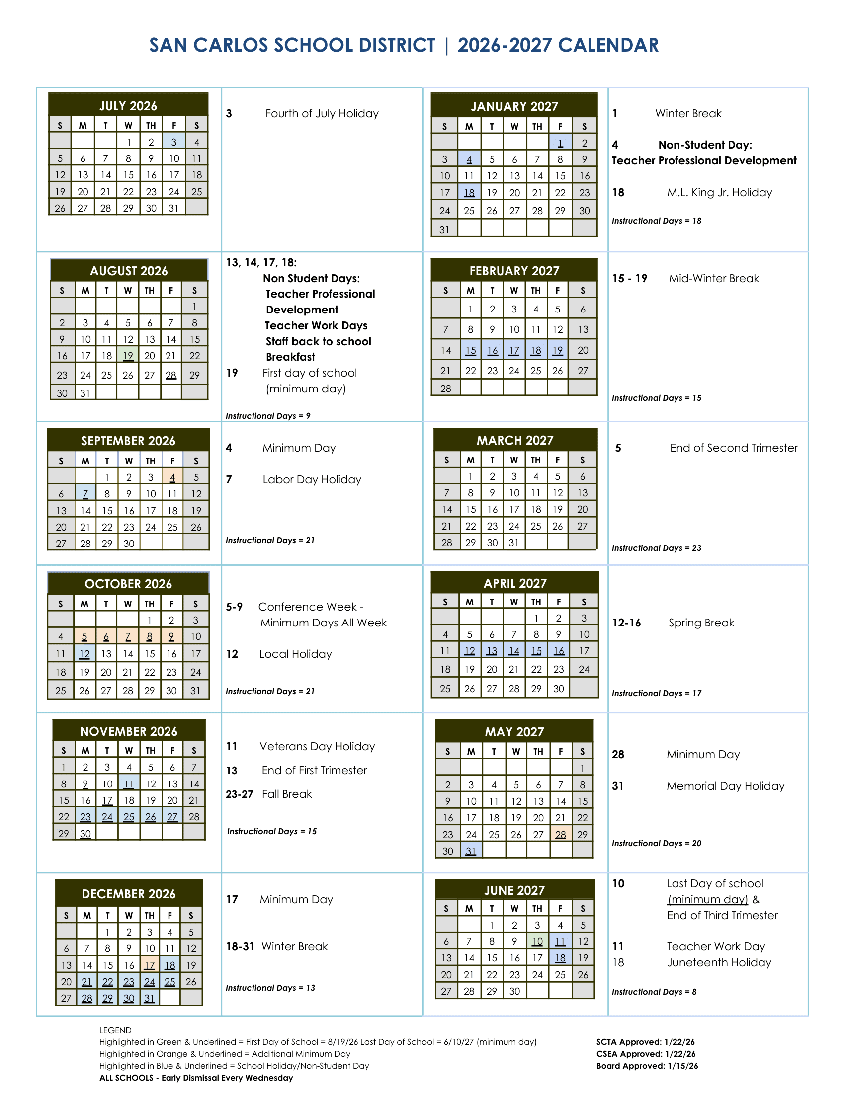 San Carlos School District Calendar 26-27 Revised