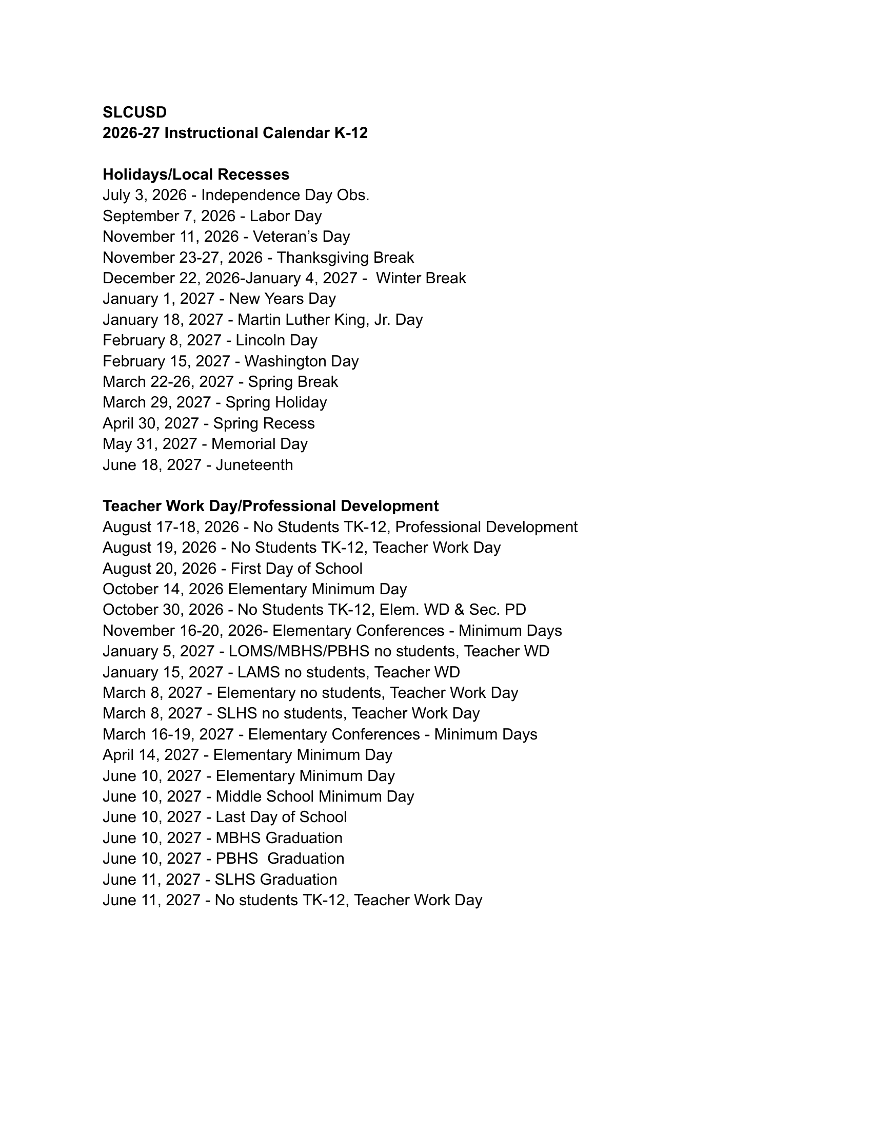 San Luis Coastal Unified School District Calendar 26-27 Revised