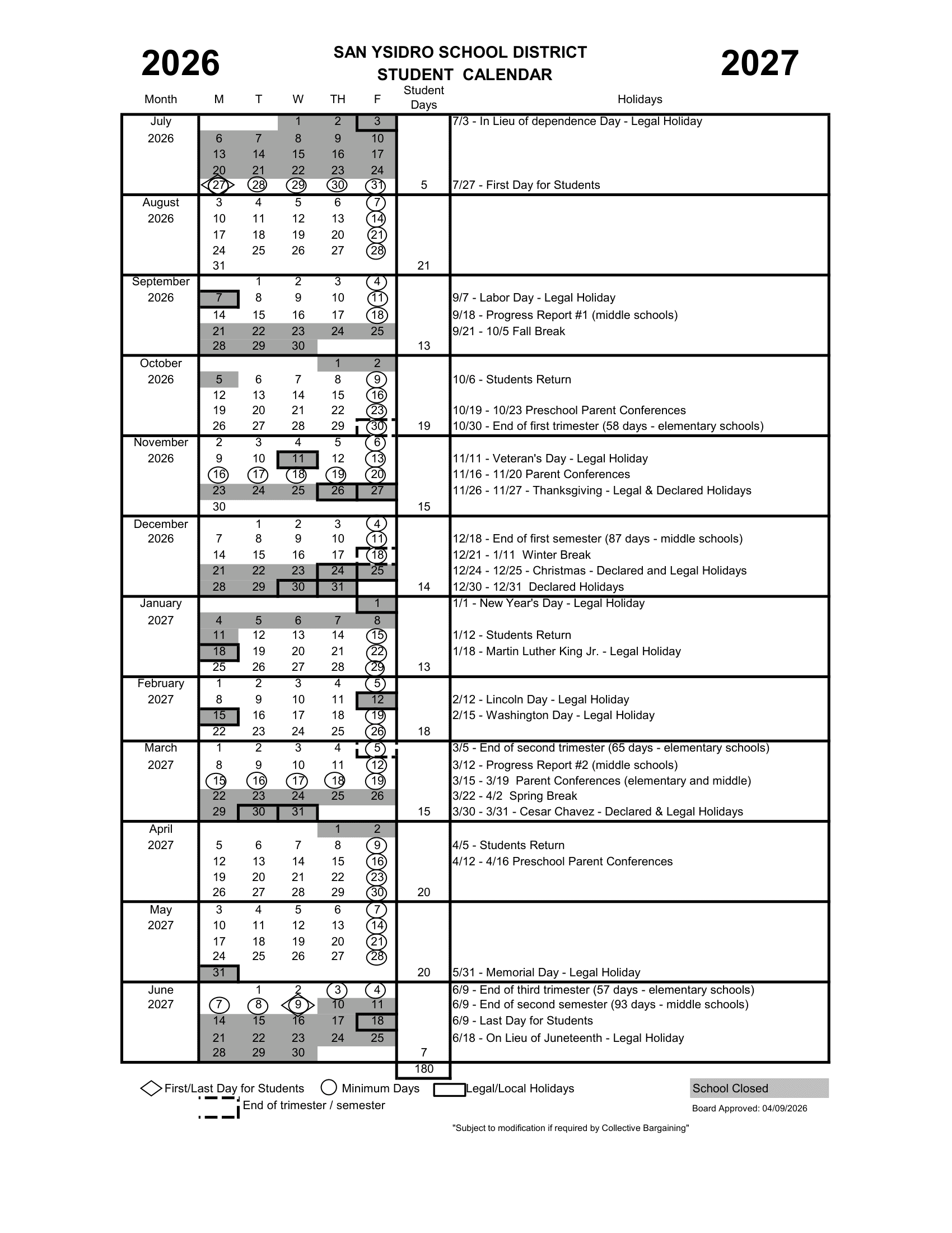 San Ysidro School District Calendar 26-27 Revised