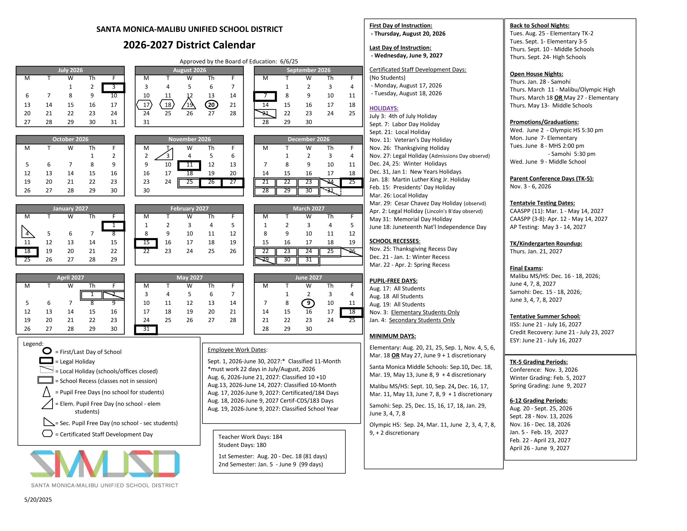 Santa Monica-Malibu Unified School District Calendar 26-27 Revised