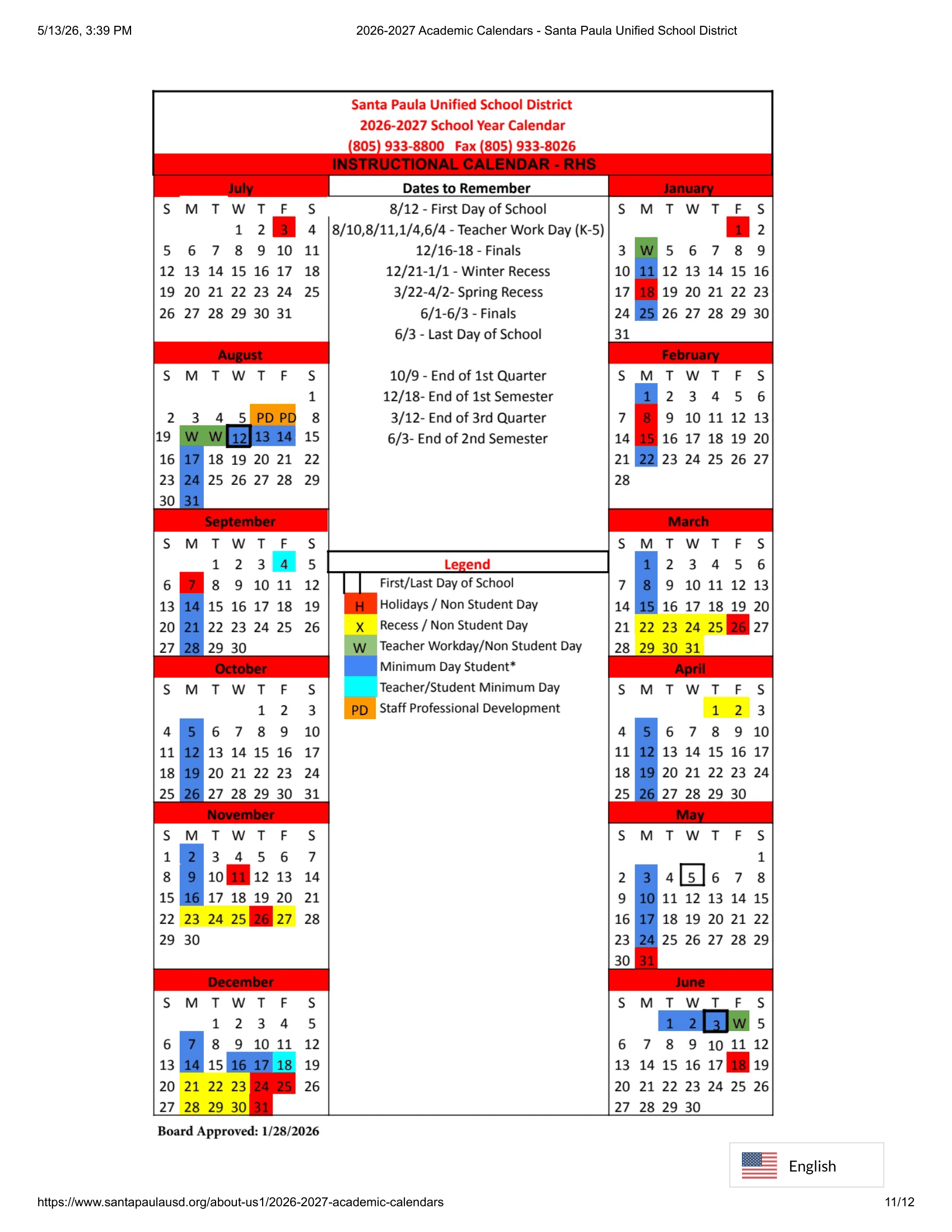 Santa Paula Unified School District Calendar 26-27 Revised
