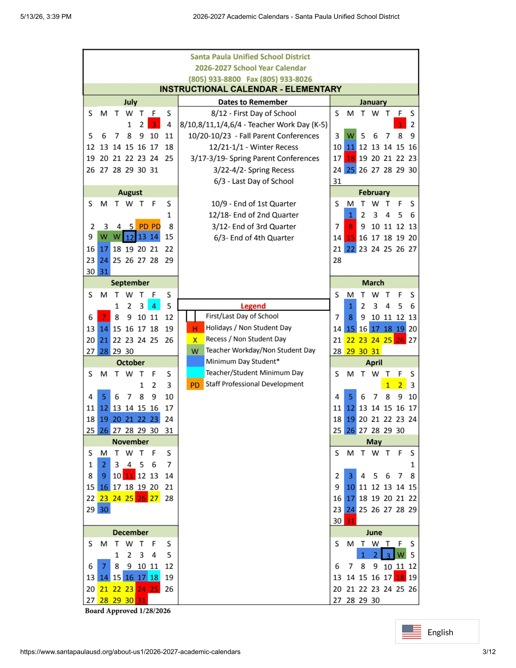 Santa Paula Unified School District Calendar 26-27 Revised