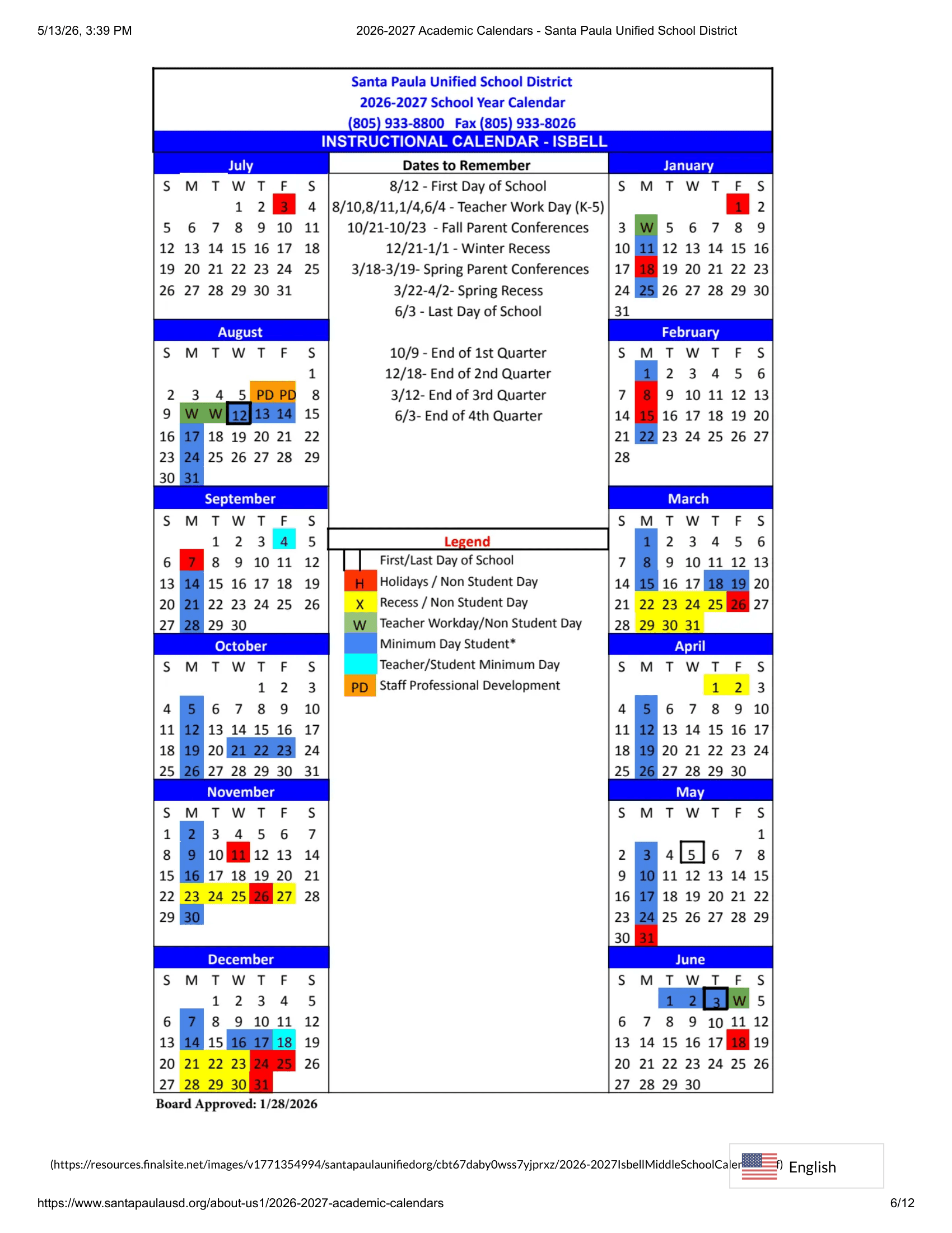 Santa Paula Unified School District Calendar 26-27 Revised