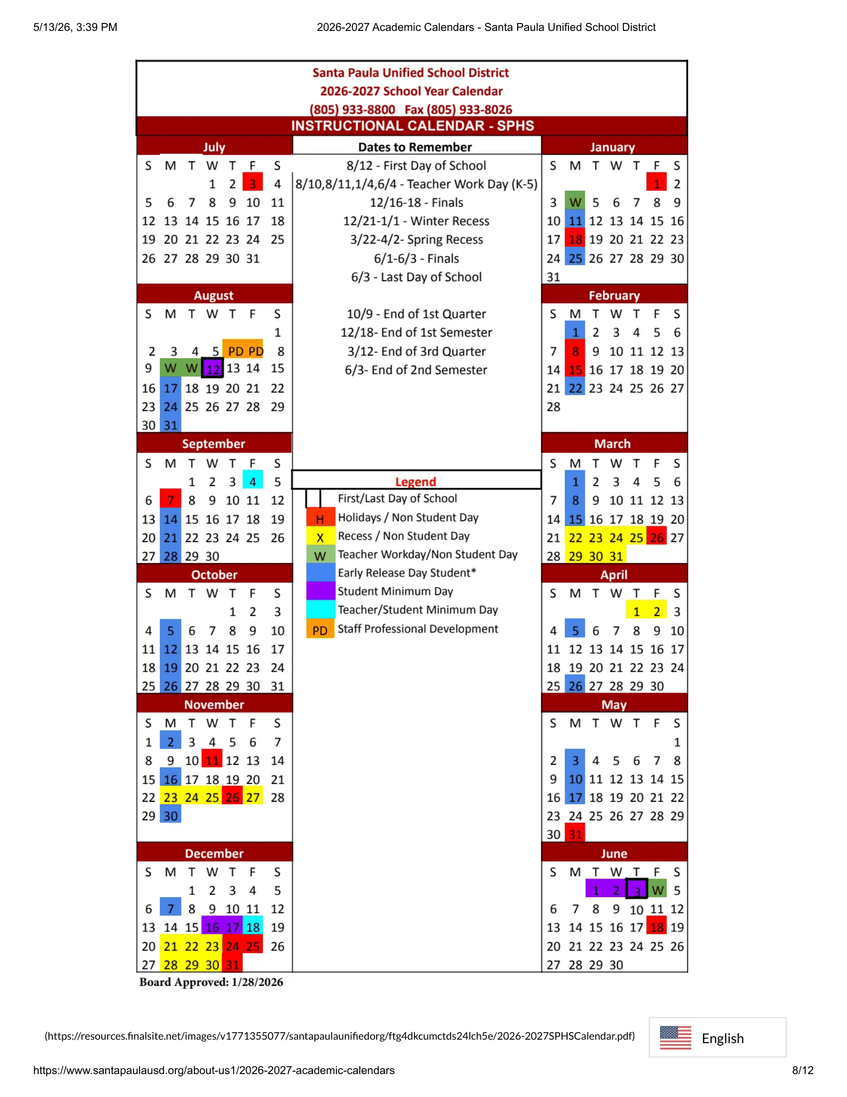 Santa Paula Unified School District Calendar 26-27 Revised
