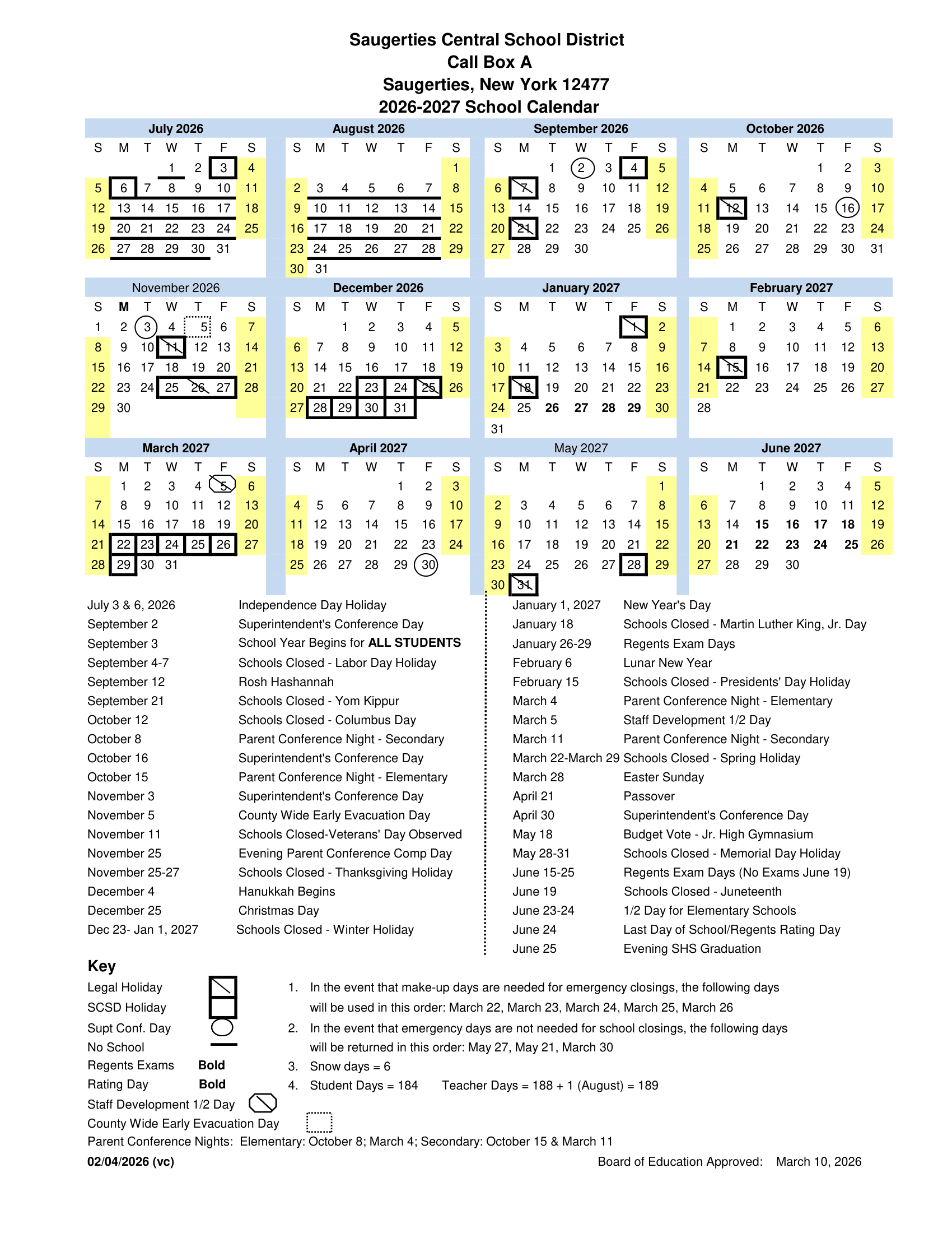 Saugerties Central School District Calendar 26-27 Revised