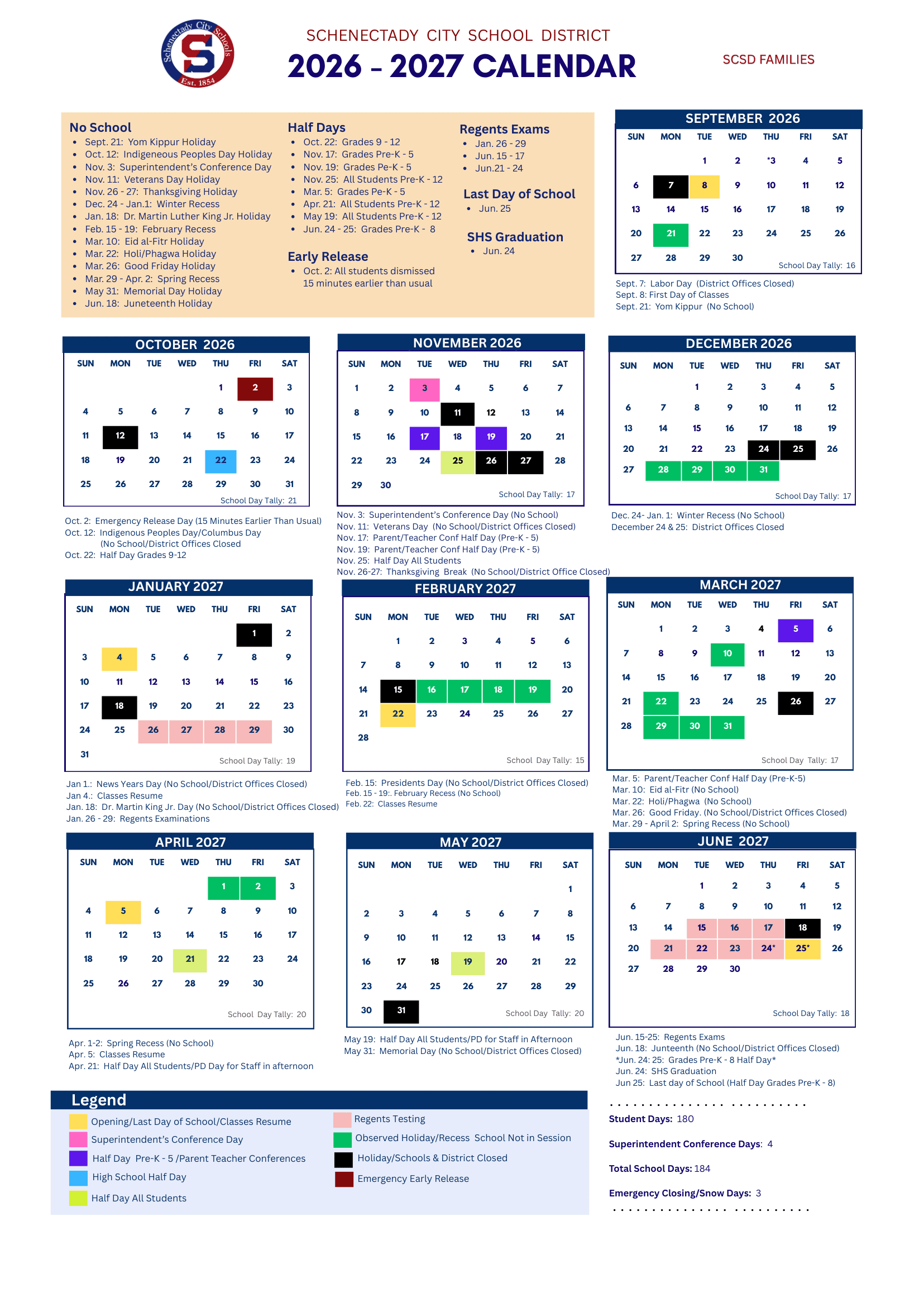 Schenectady City School District Calendar 26-27 Revised