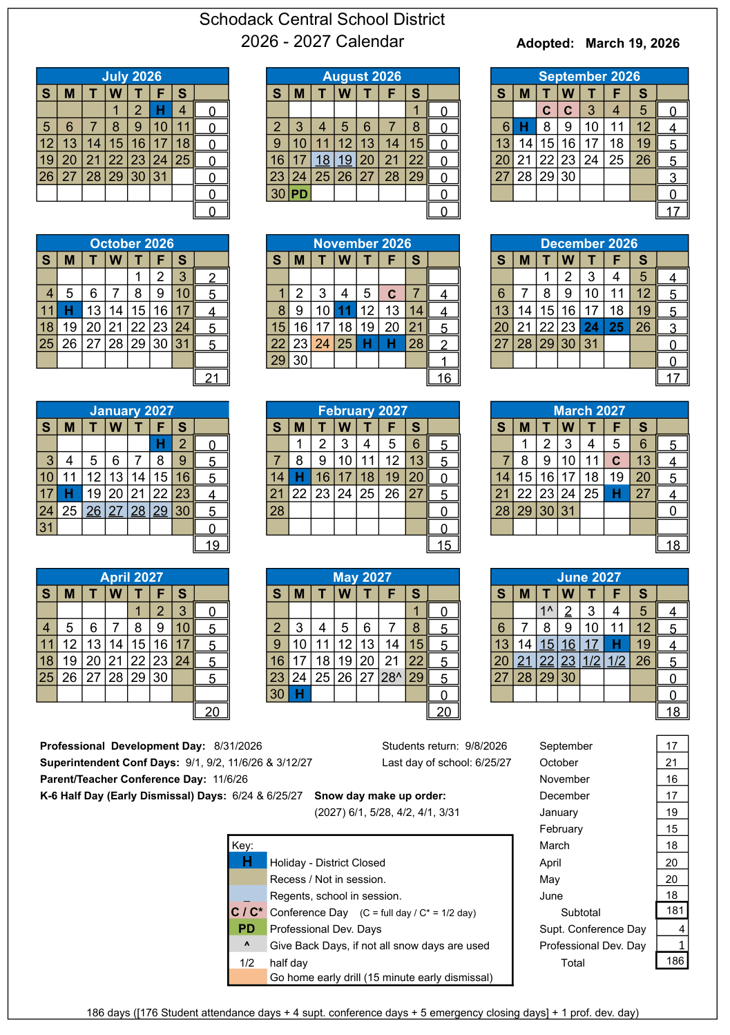 Schodack Central School District Calendar 26-27 Revised
