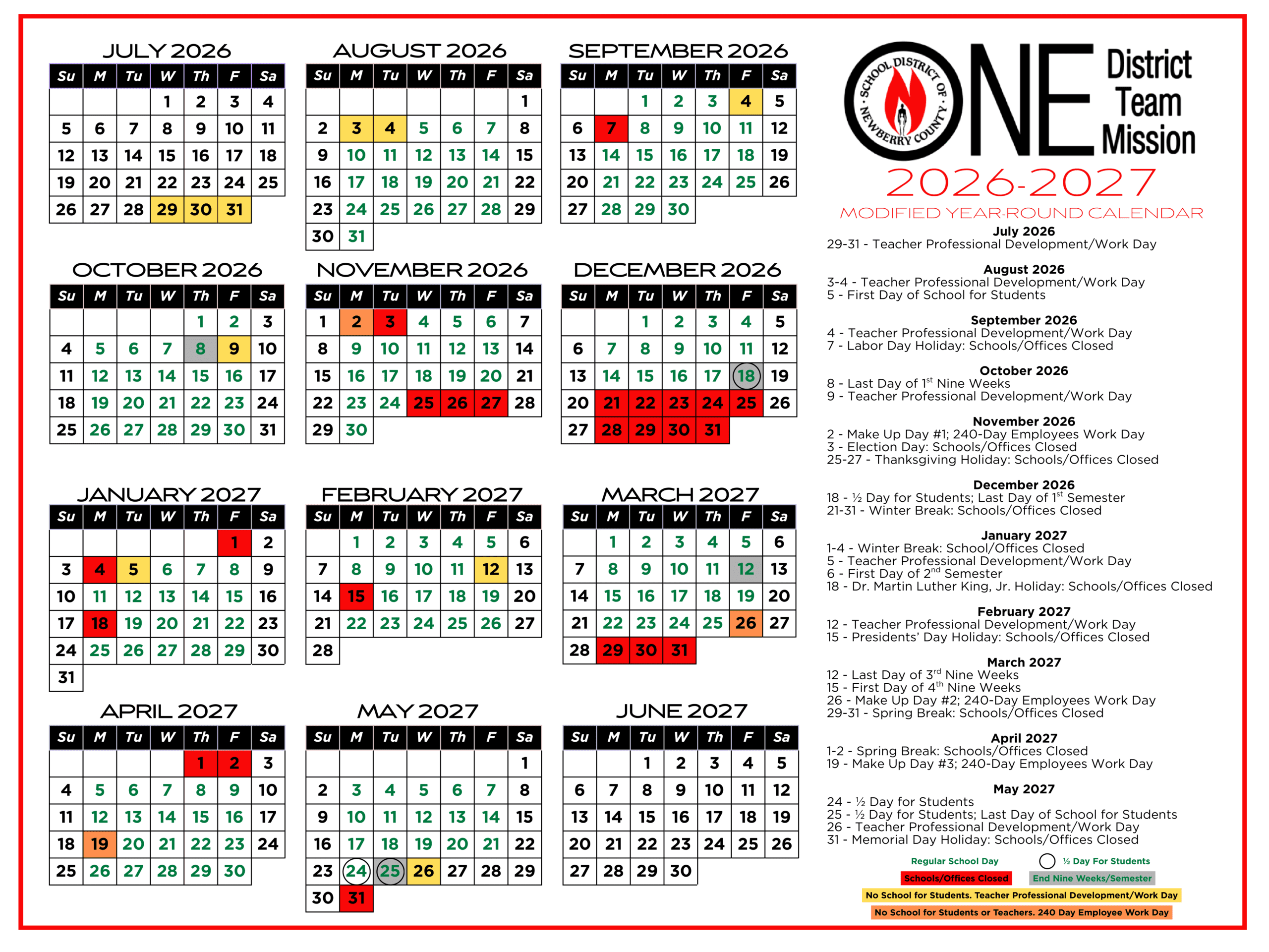 School District of Newberry County Calendar 26-27 Revised