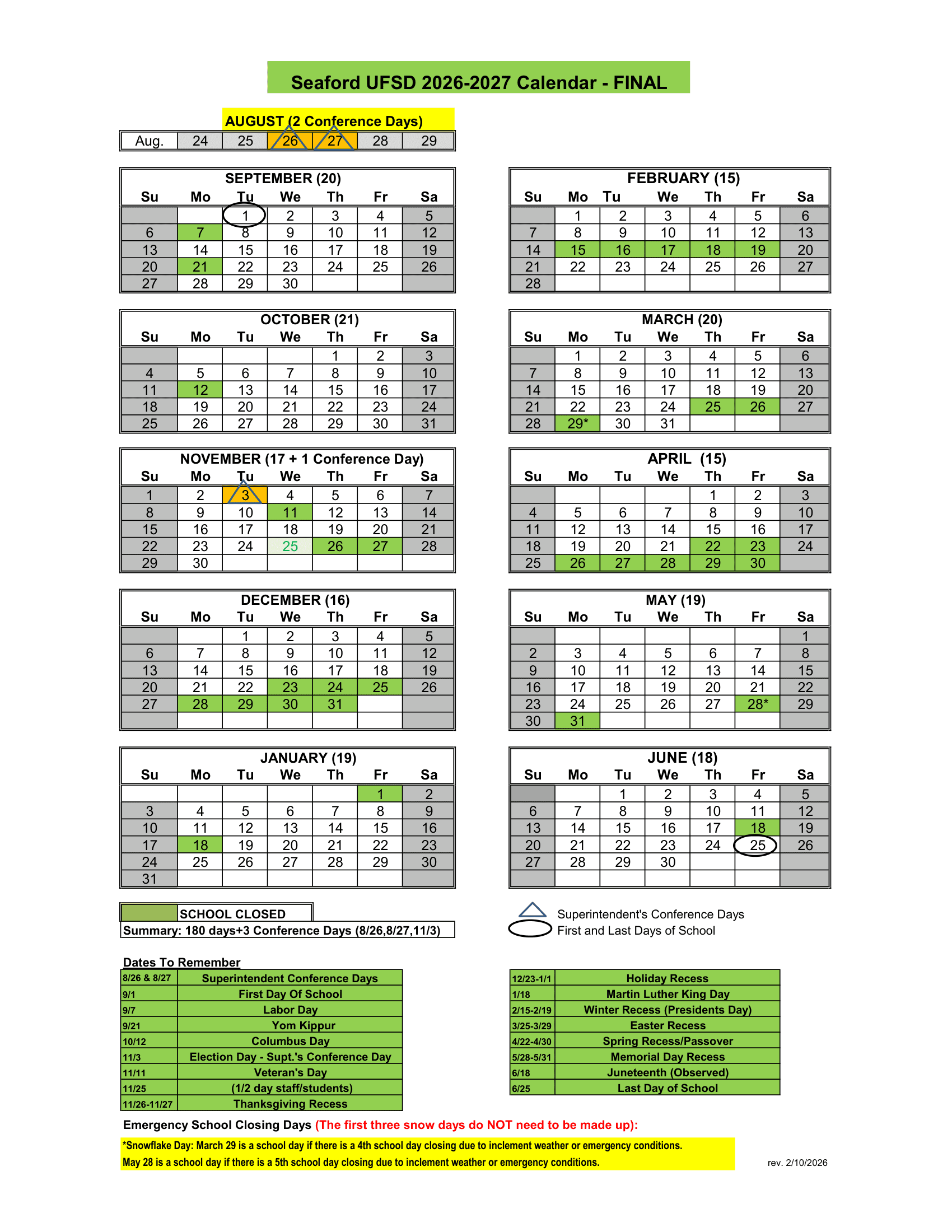 Seaford UFSD Calendar 26-27 Revised