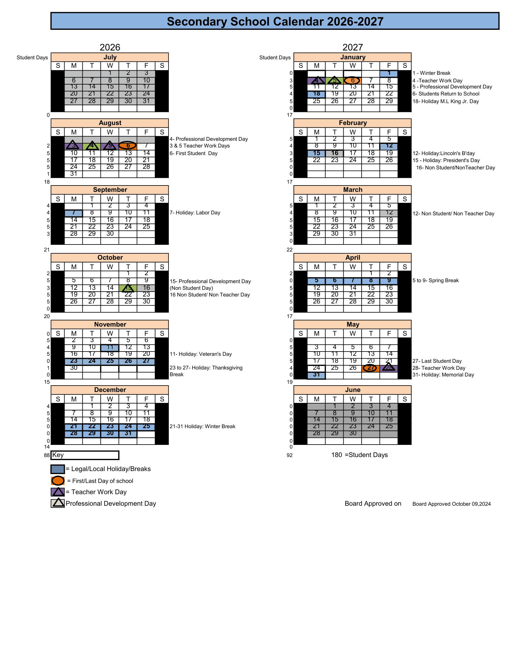 Secondary School Calendar Calendar 26-27 Revised