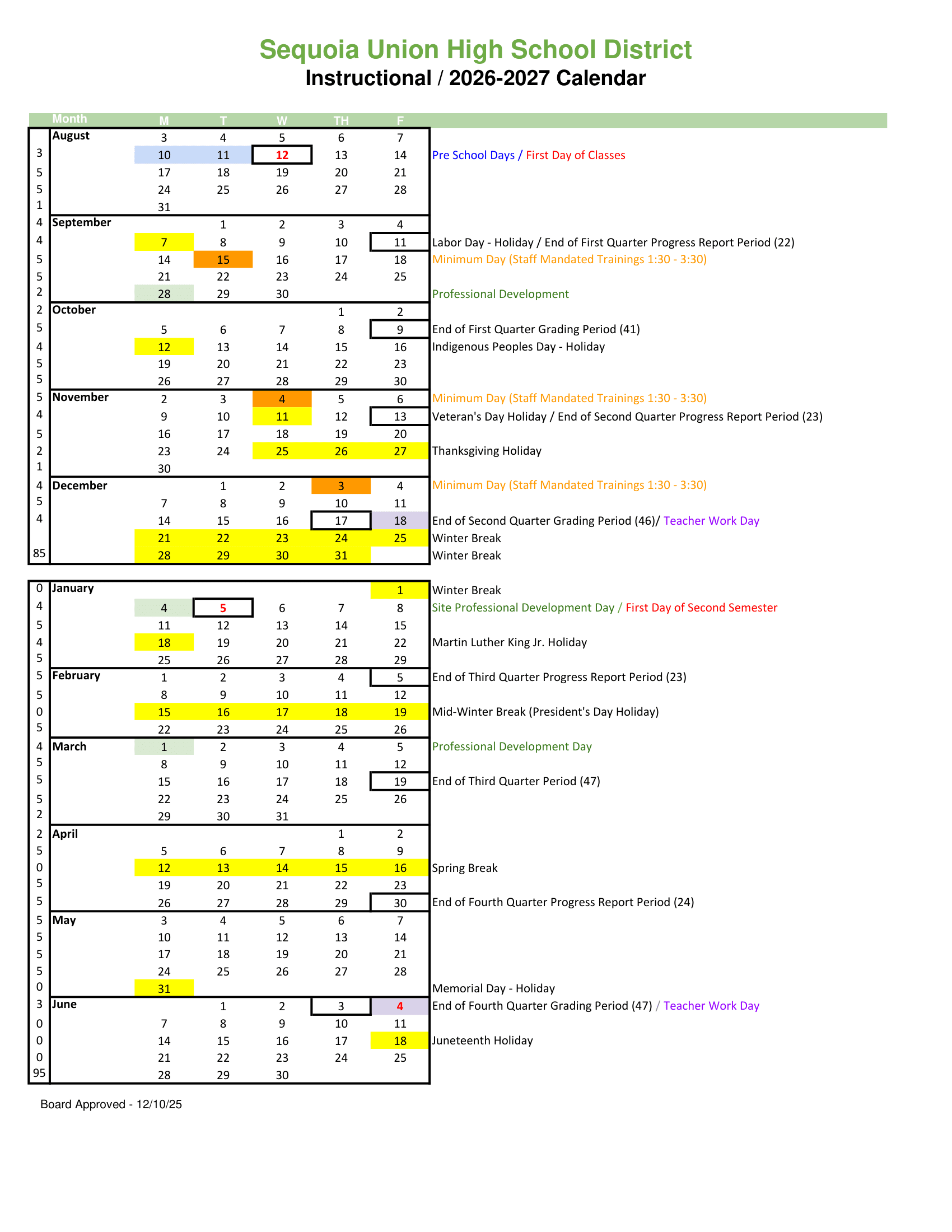 Sequoia Union High School District Calendar 26-27 Revised