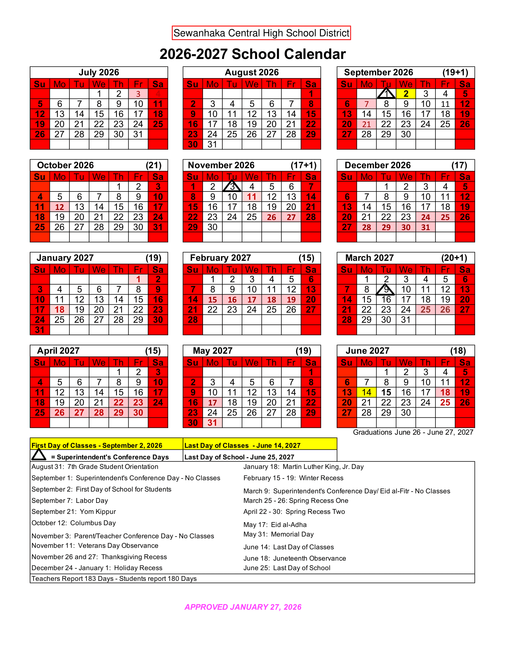 Sewanhaka Central High School District Calendar 26-27 Revised
