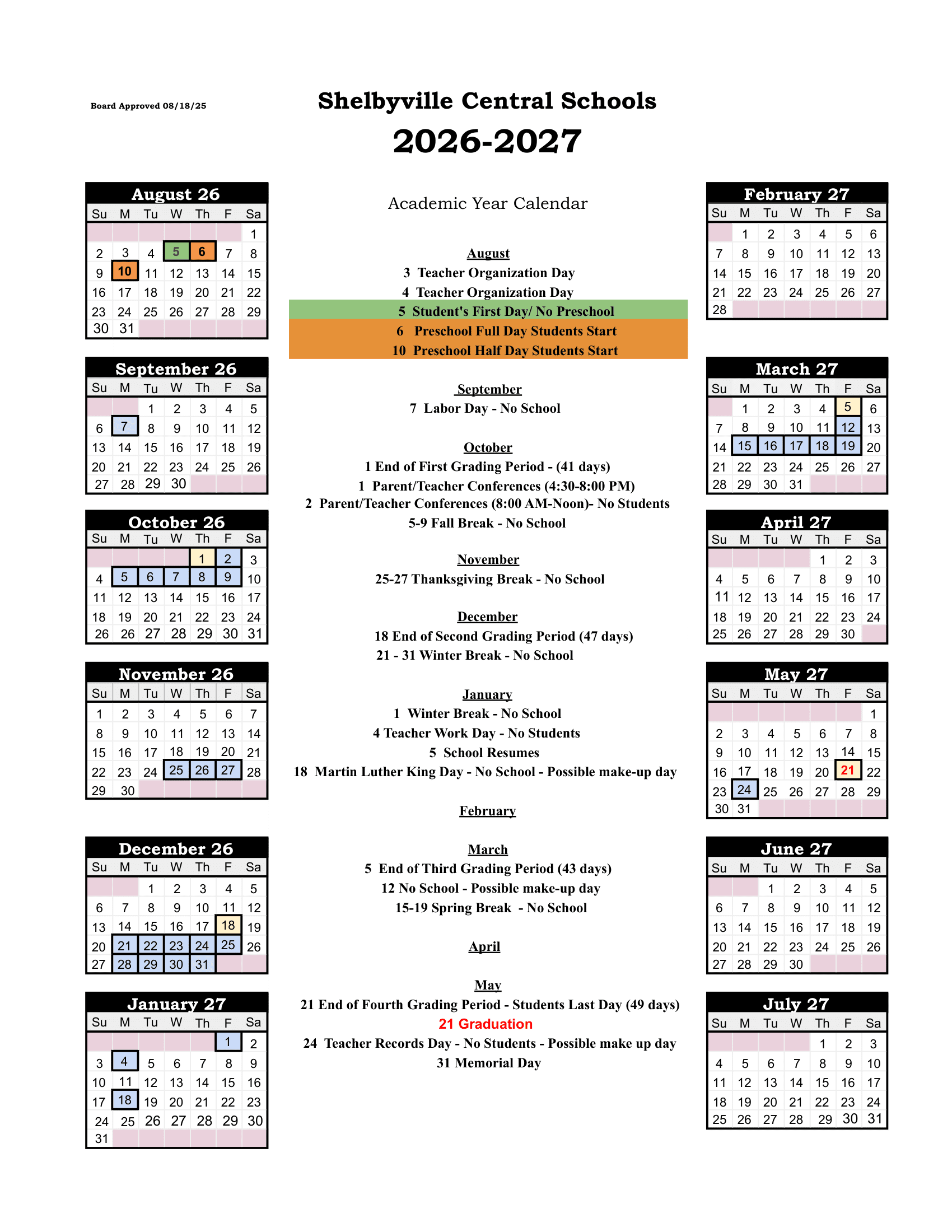 Shelbyville Central Schools Calendar 26-27 Revised