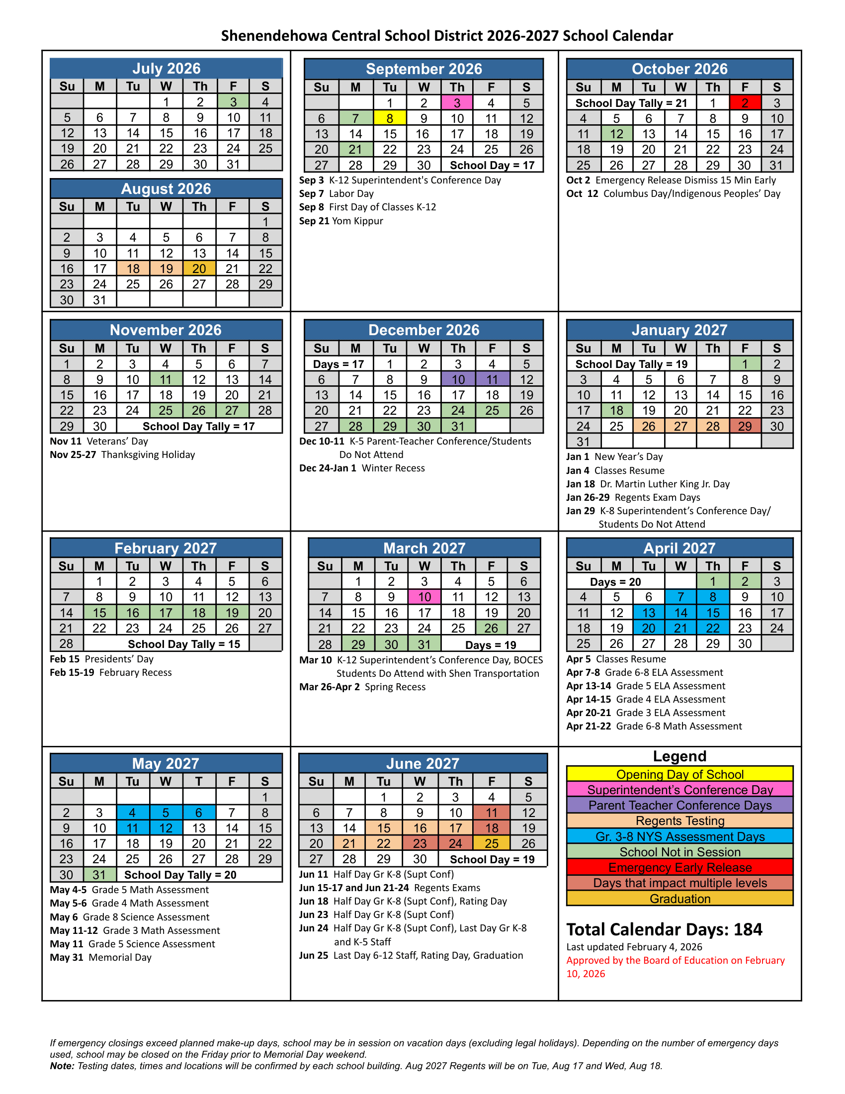 Shenendehowa Central School District Calendar 26-27 Revised