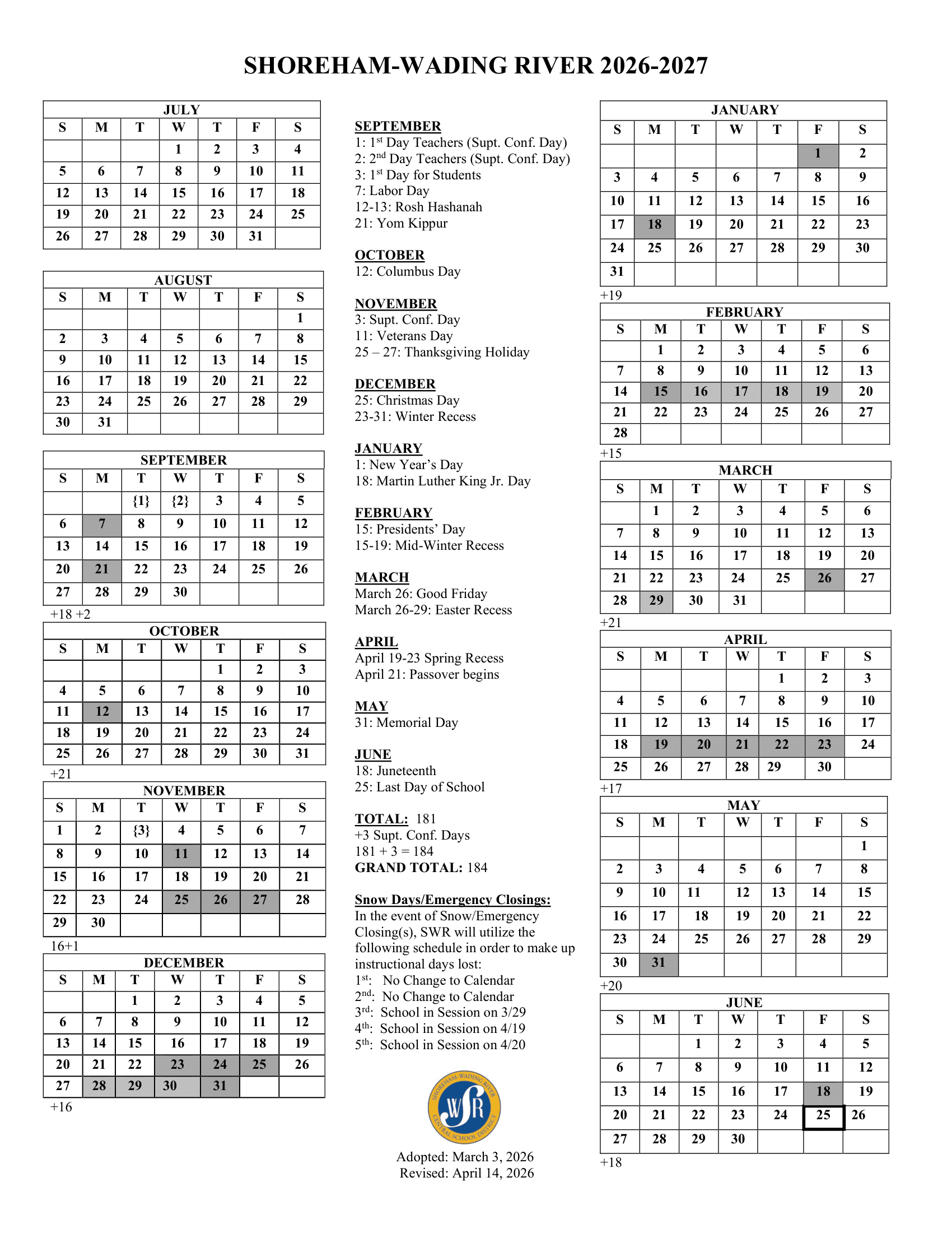 Shoreham-Wading River School District Calendar 26-27 Revised