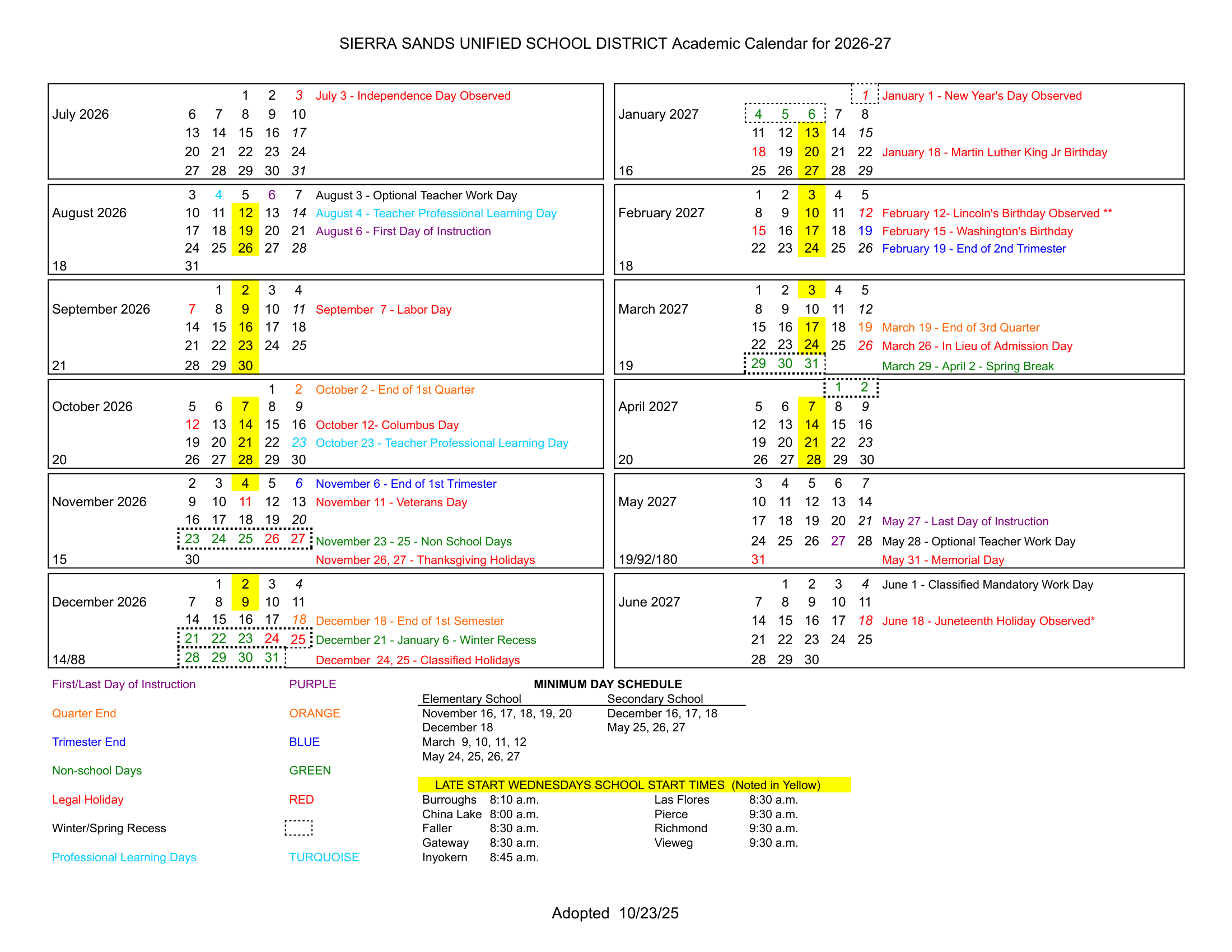 Sierra Sands Unified School District Calendar 26-27 Revised