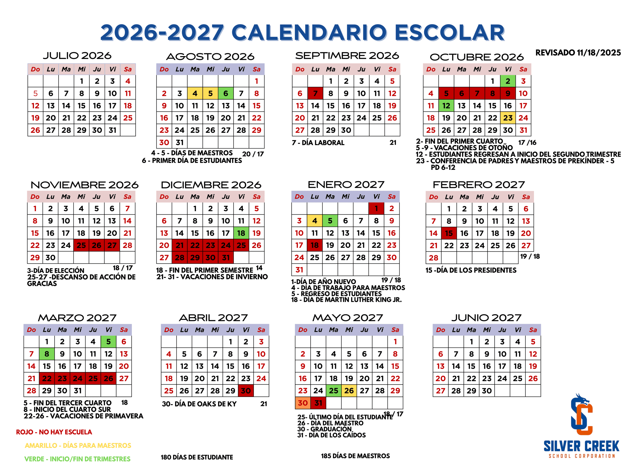Silver Creek School Corporation Calendar 26-27 Revised