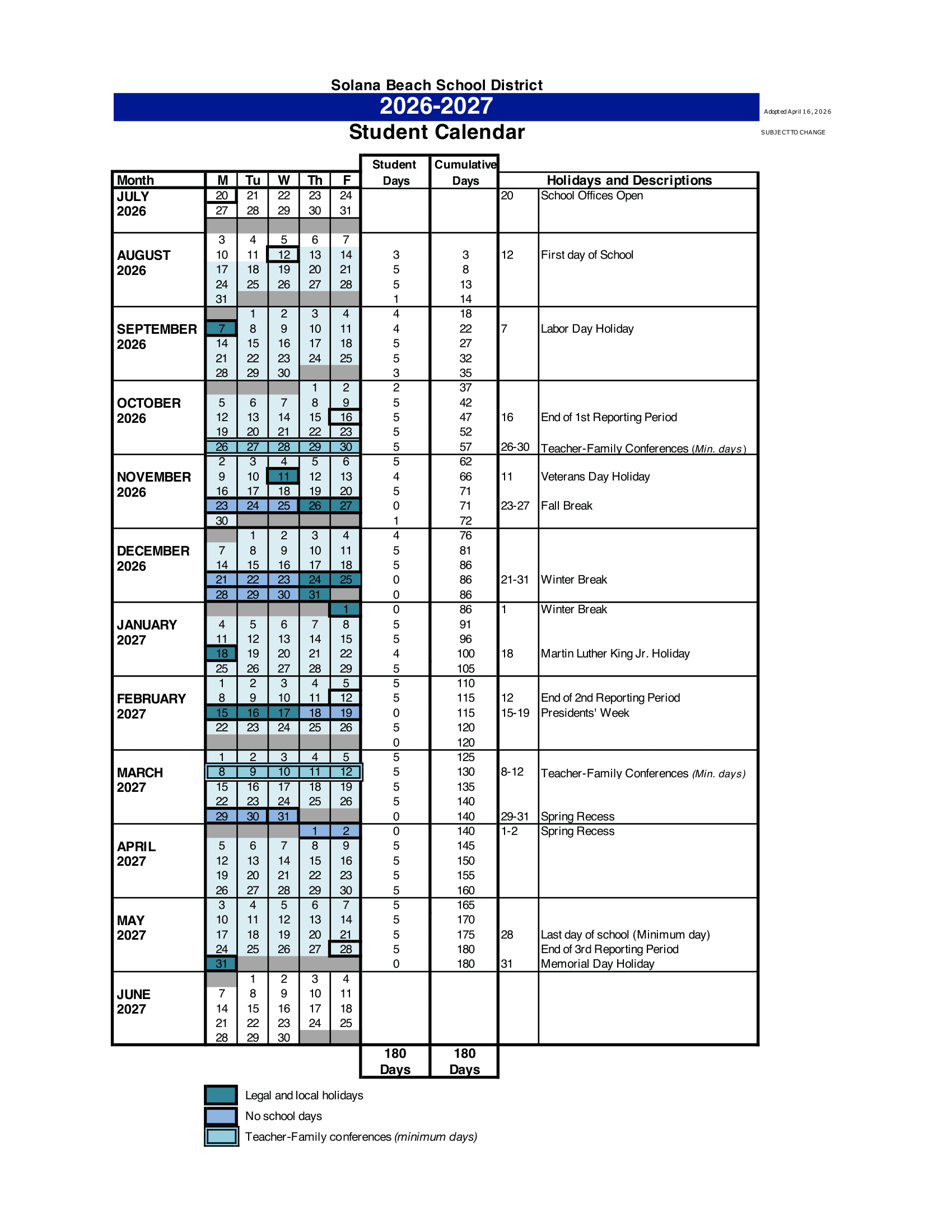 Solana Beach School District Calendar 26-27 Revised