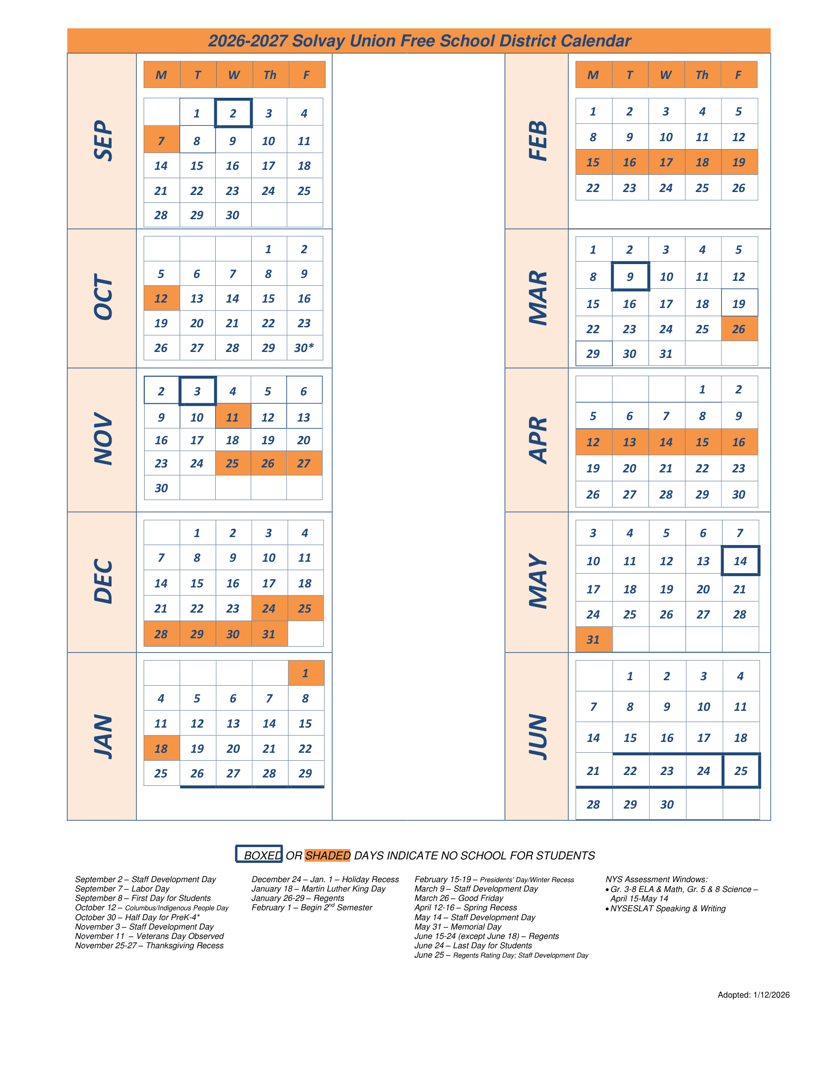 Solvay Union Free School District Calendar 26-27 Revised