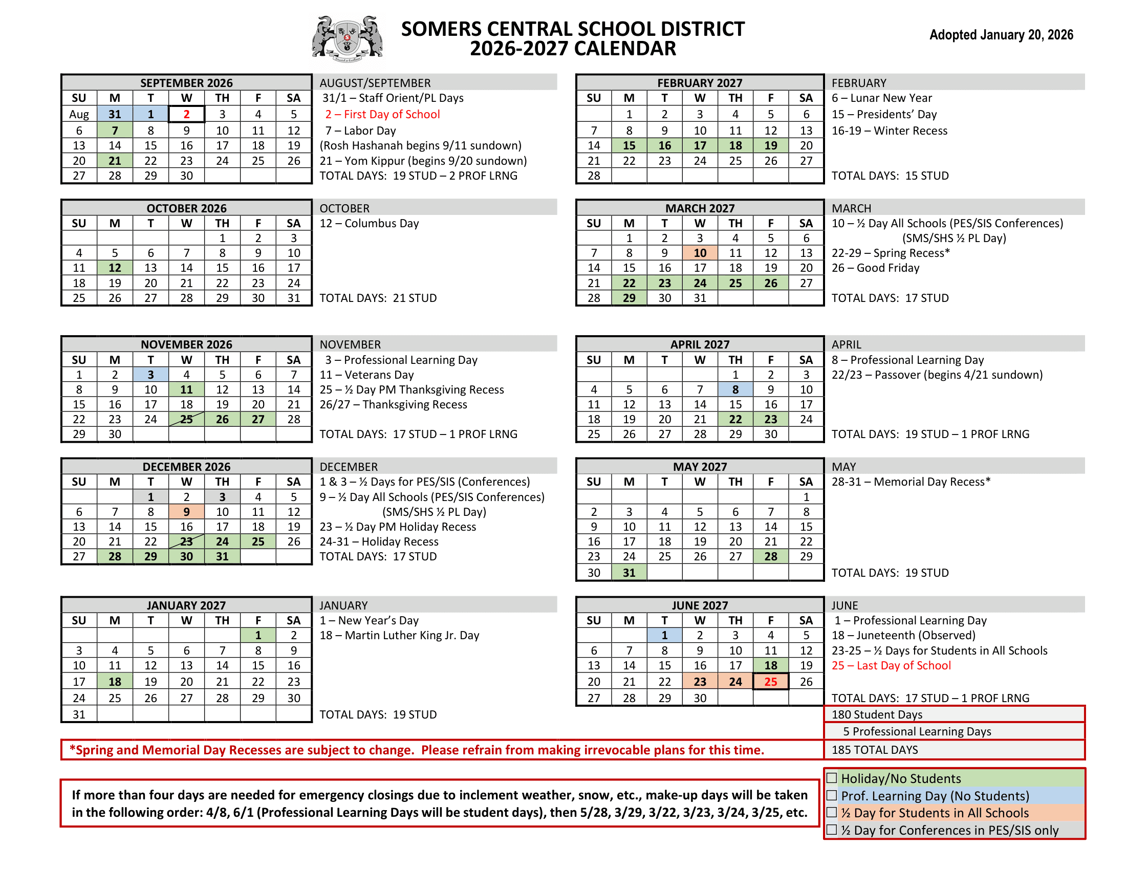 Somers Central School District Calendar 26-27 Revised