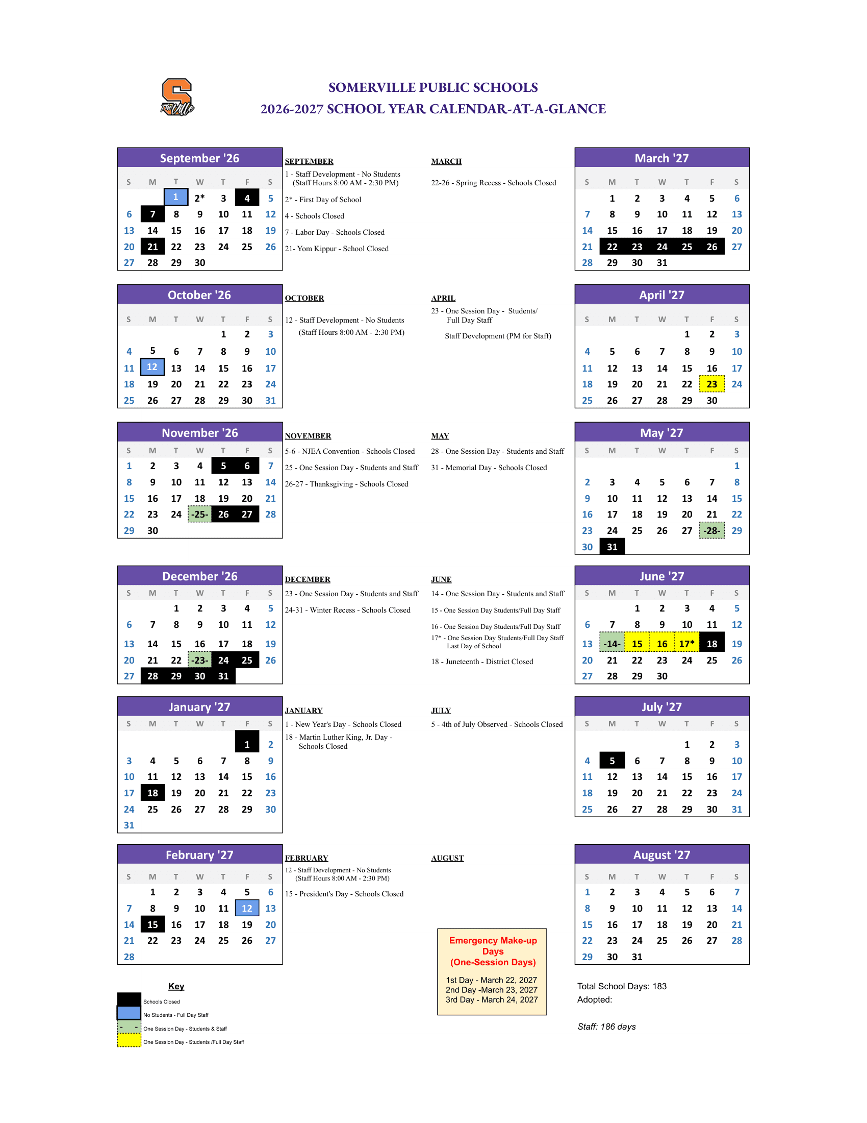 Somerville Public Schools Calendar 26-27 Revised
