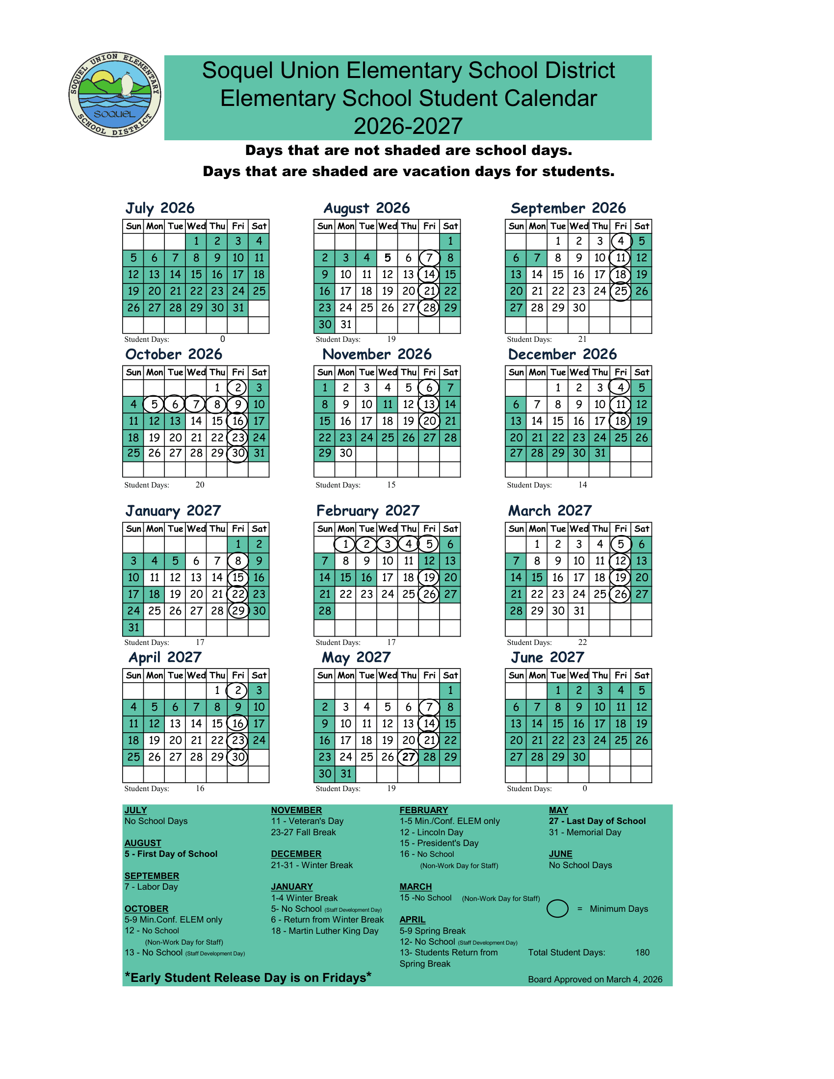 Soquel Union Elementary School District Elementary School Student Calendar Calendar 26-27 Revised