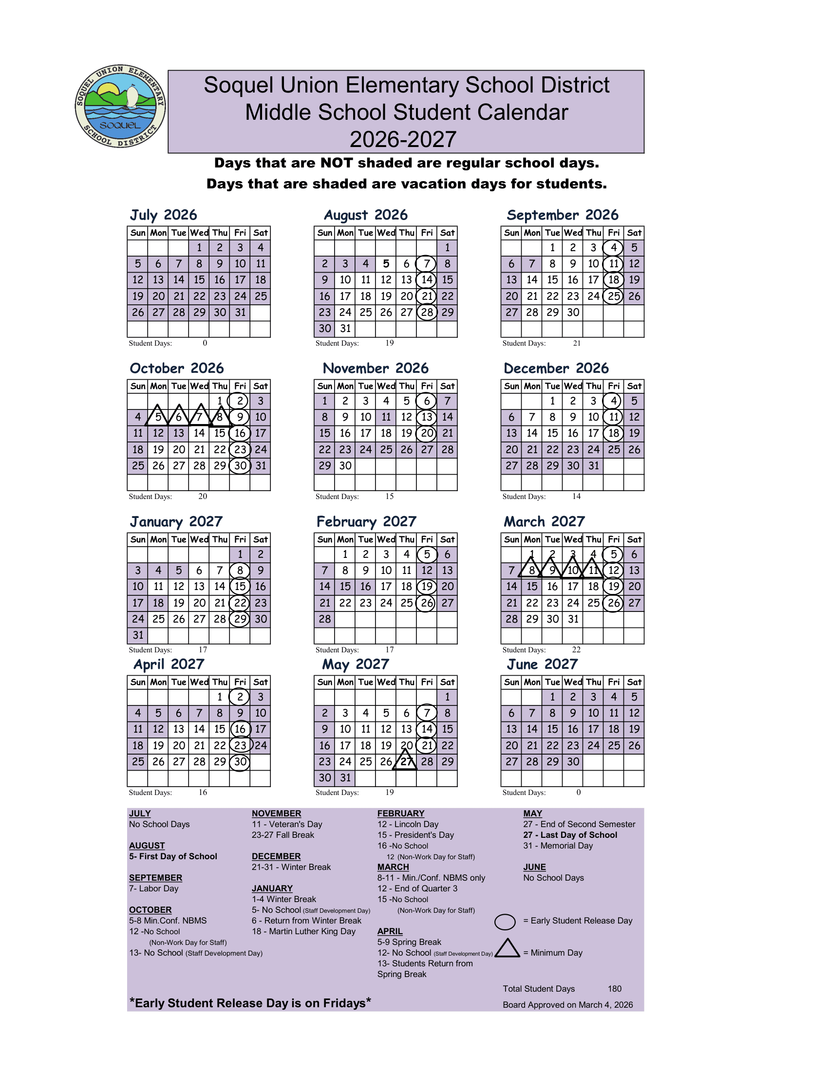 Soquel Union Elementary School District Middle School Student Calendar Calendar 26-27 Revised