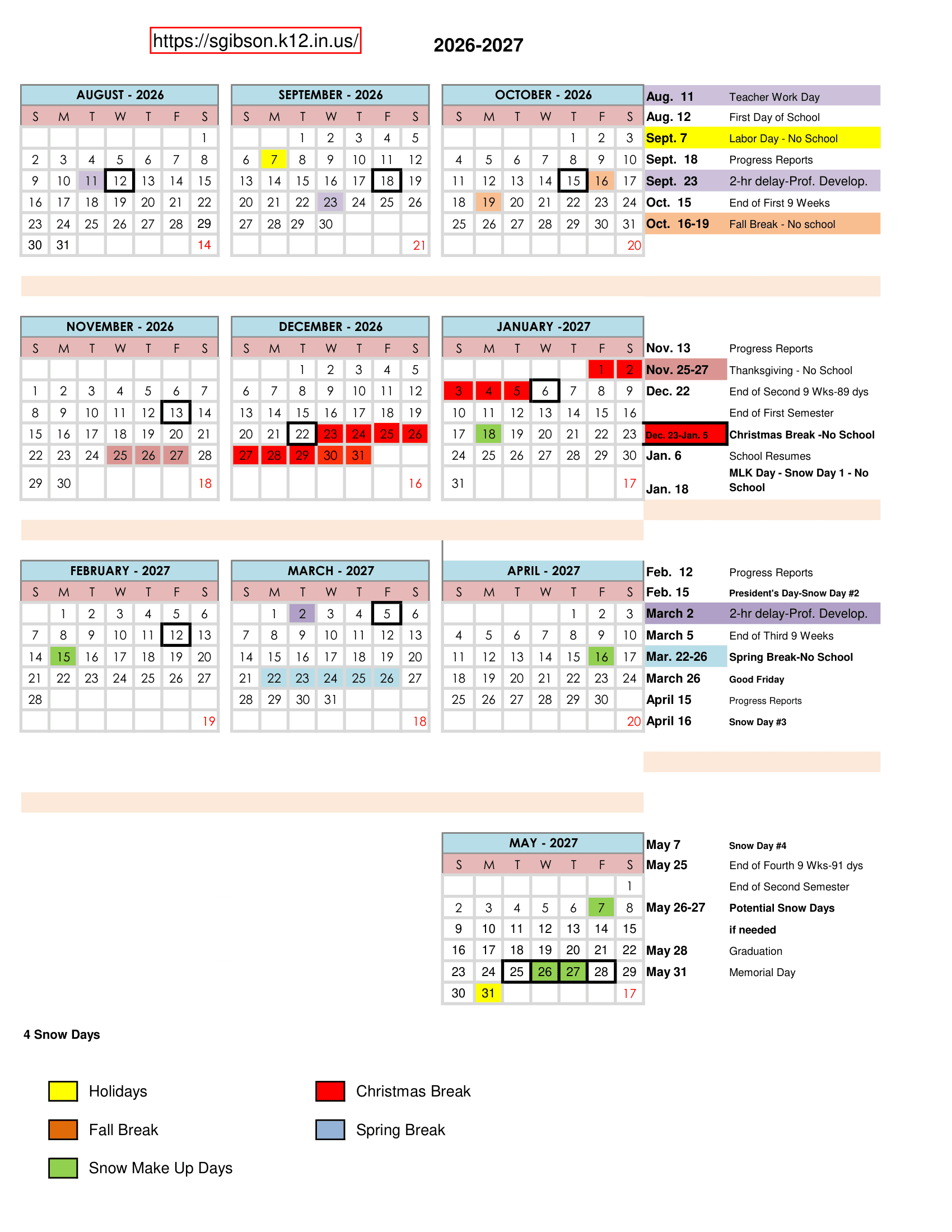 South Gibson School Corporation Calendar 26-27 Revised