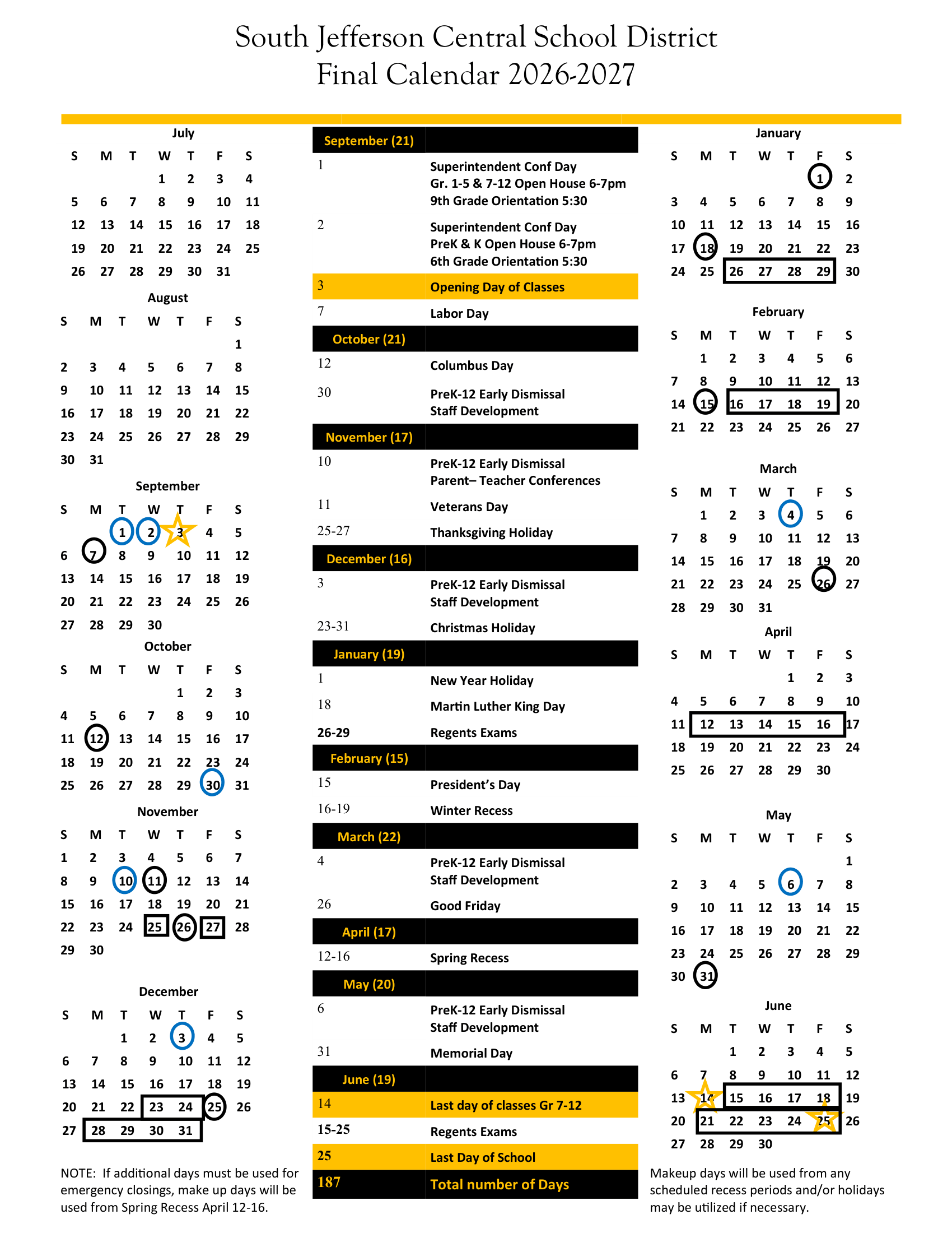 South Jefferson Central School District Calendar 26-27 Revised