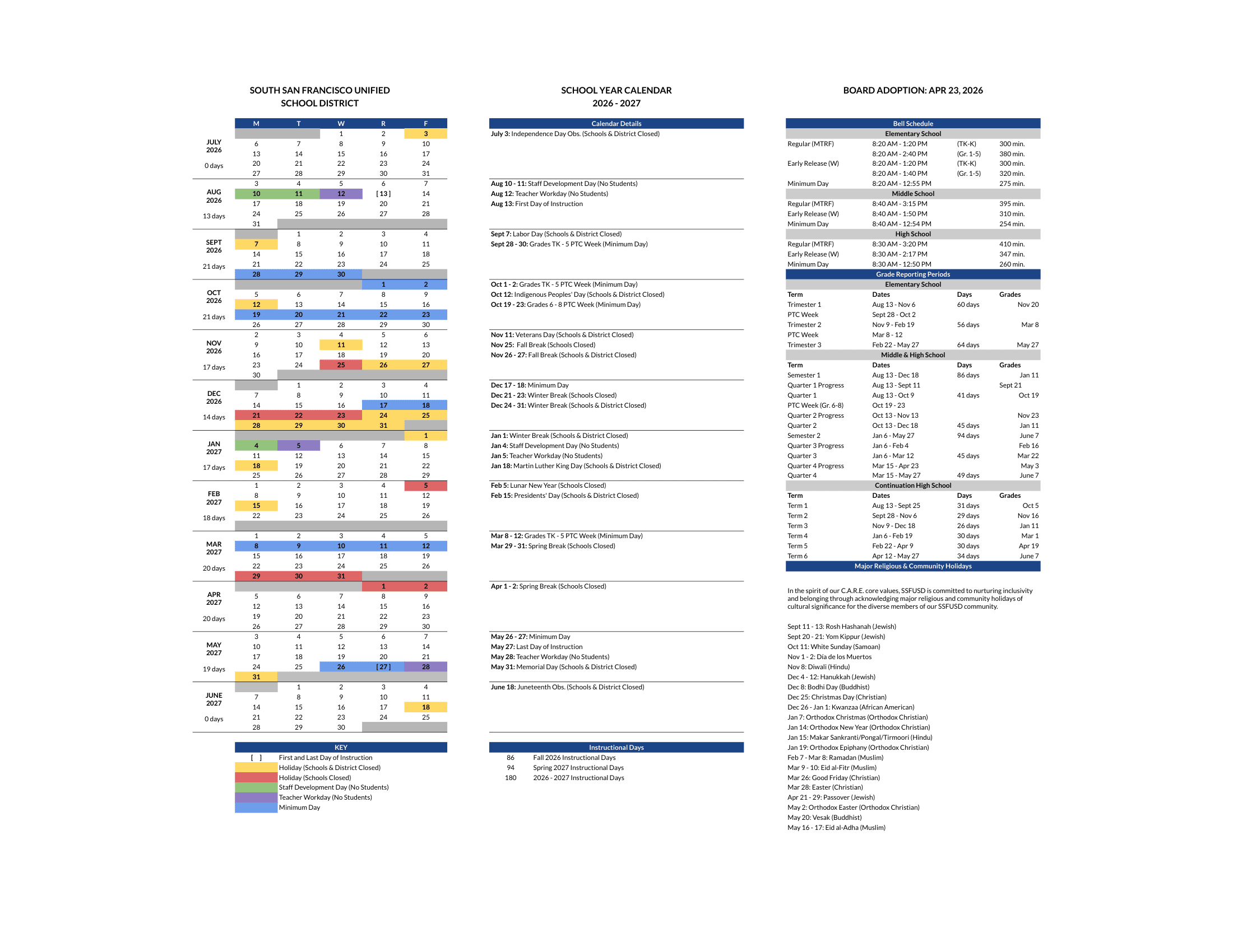 South San Francisco Unified School District Calendar 26-27 Revised