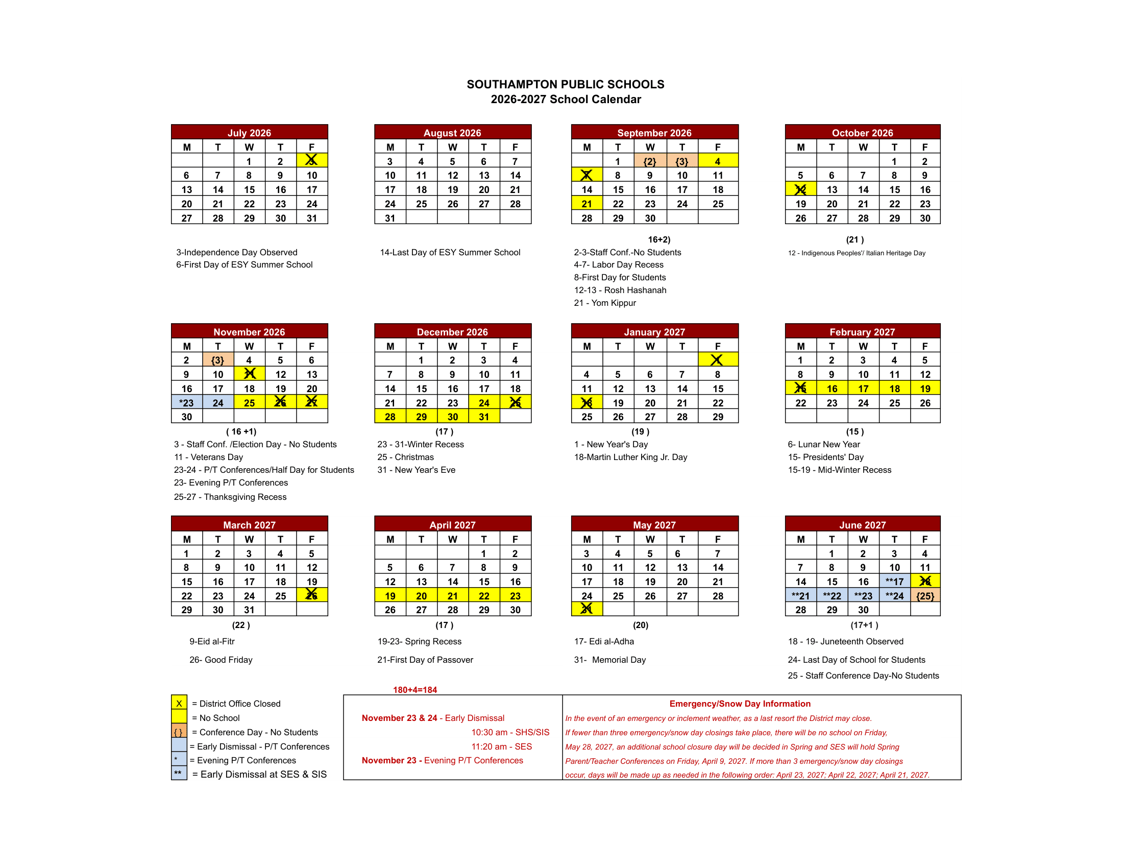 Southampton Public Schools Calendar 26-27 Revised