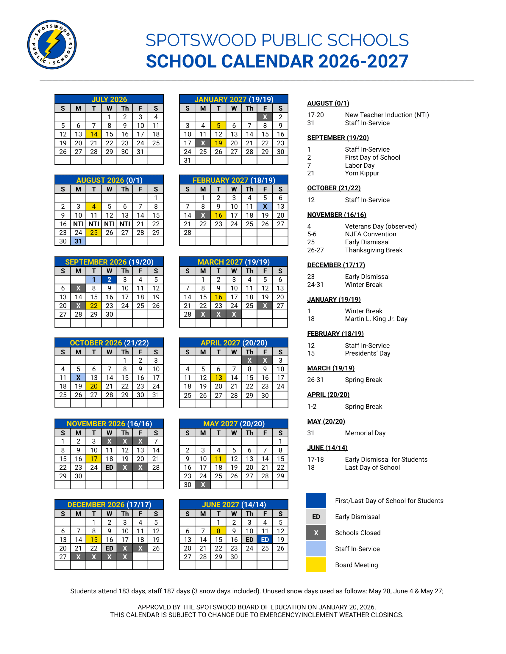 Spotswood Public Schools Calendar 26-27 Revised
