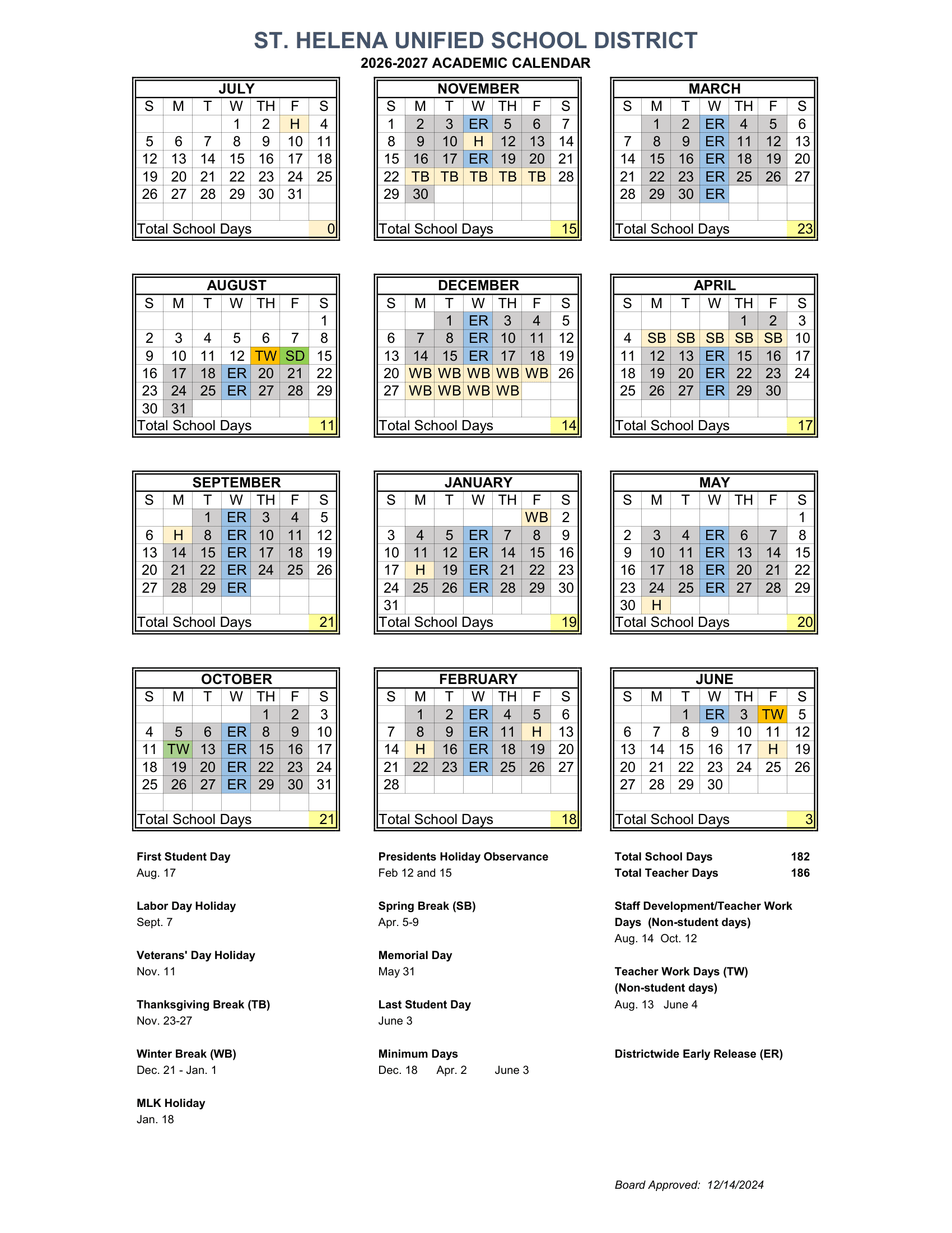 St. Helena Unified School District Calendar 26-27 Revised