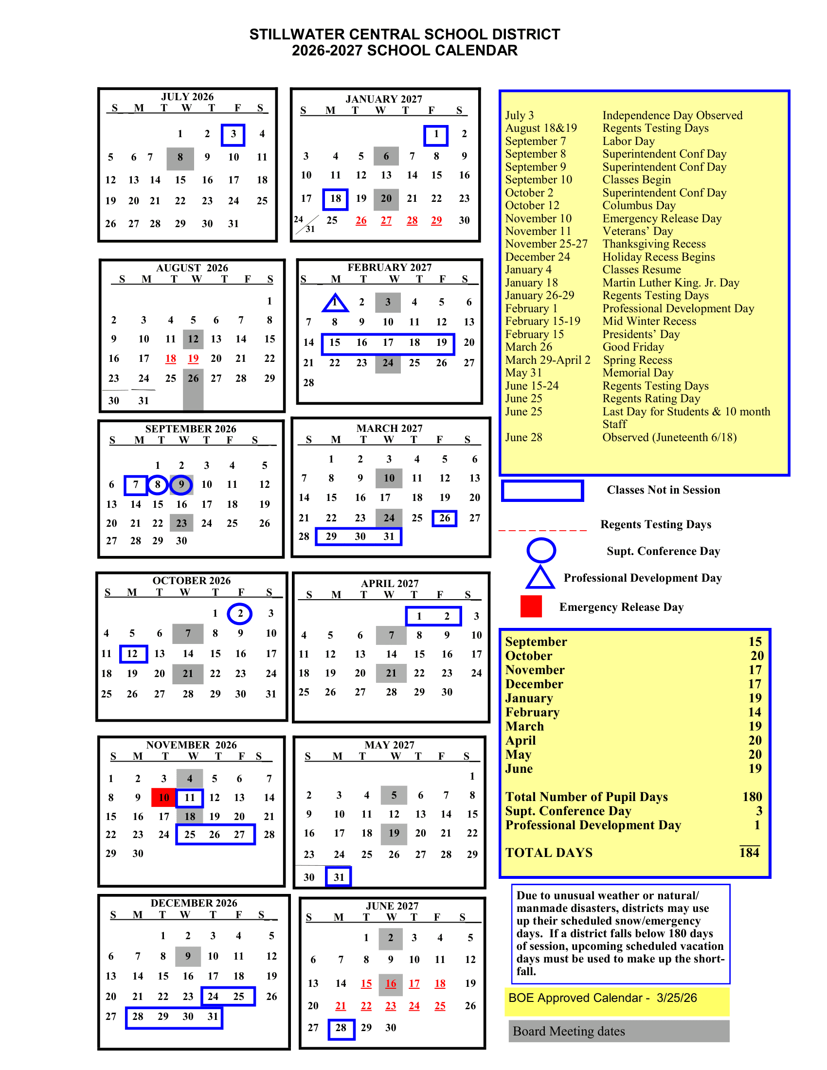 Stillwater Central School District Calendar 26-27 Revised