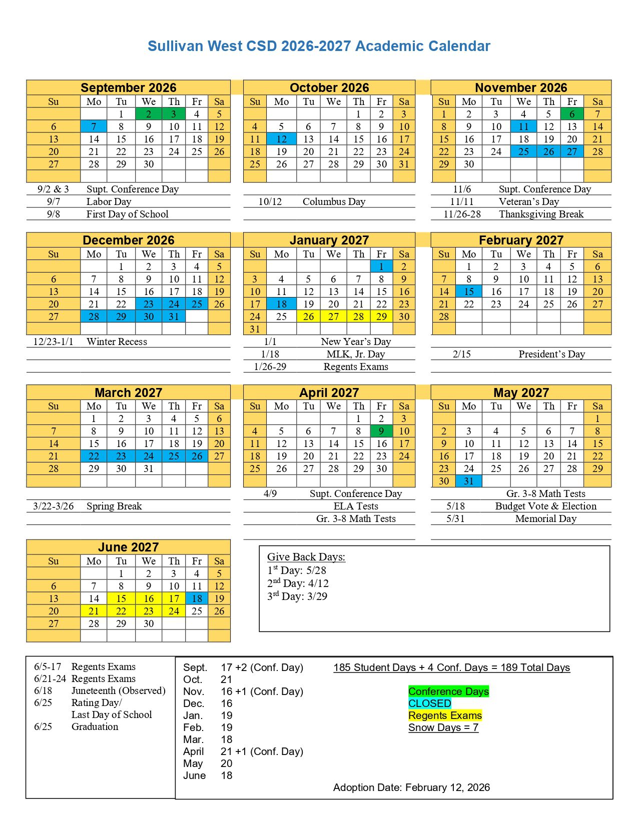 Sullivan West CSD Calendar 26-27 Revised