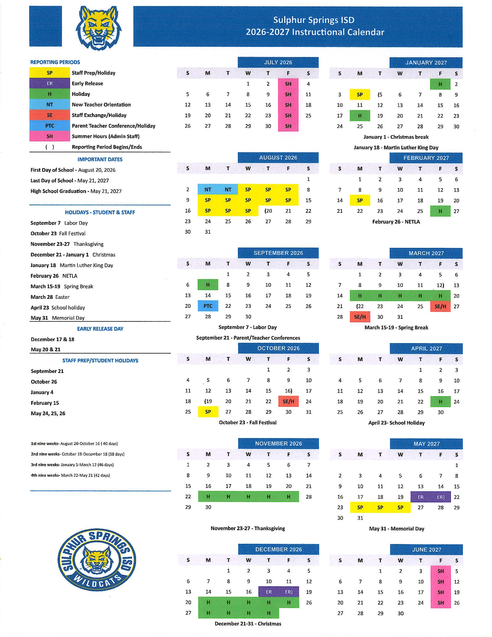 Sulphur Springs ISD Calendar 26-27 Revised PDF