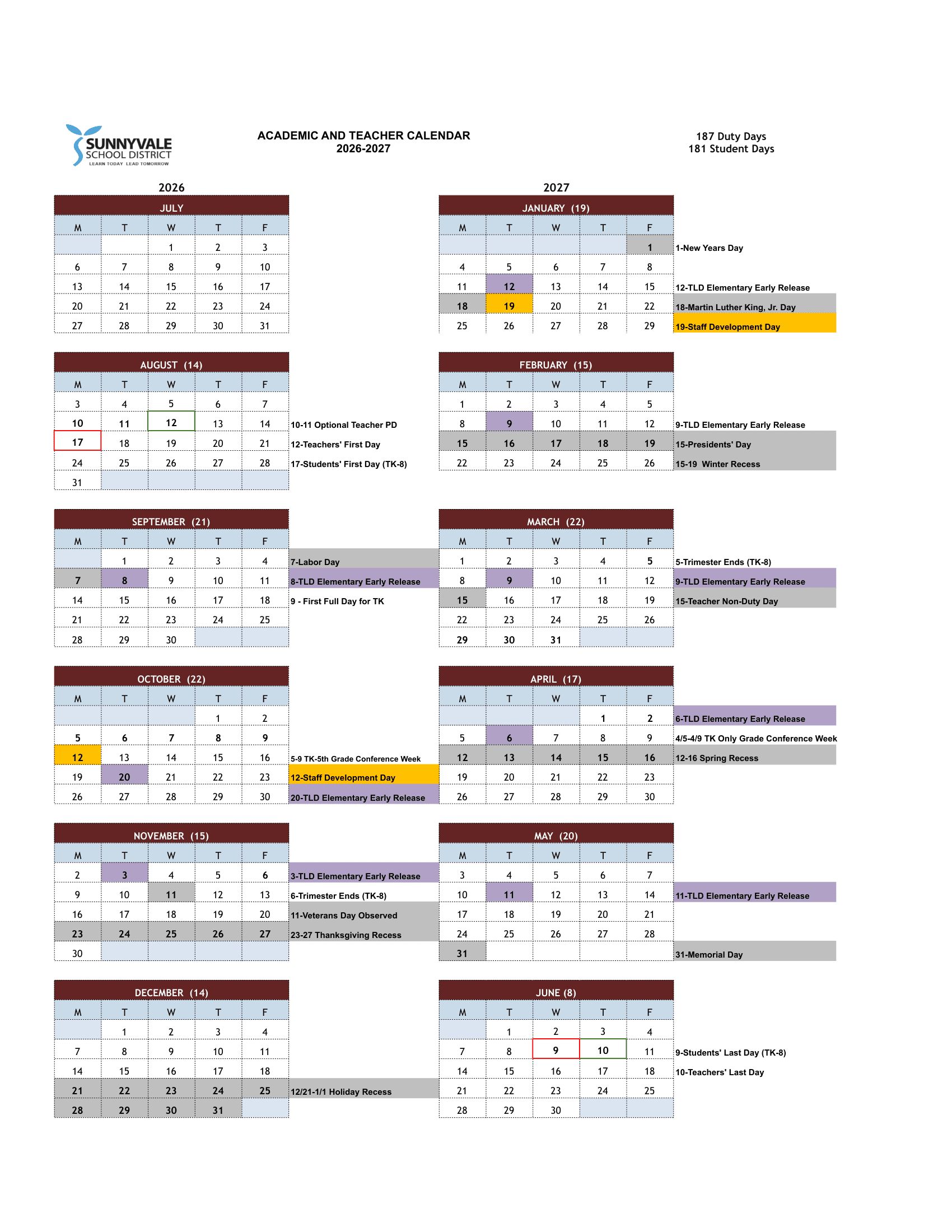 Sunnyvale School District Calendar 26-27 Revised