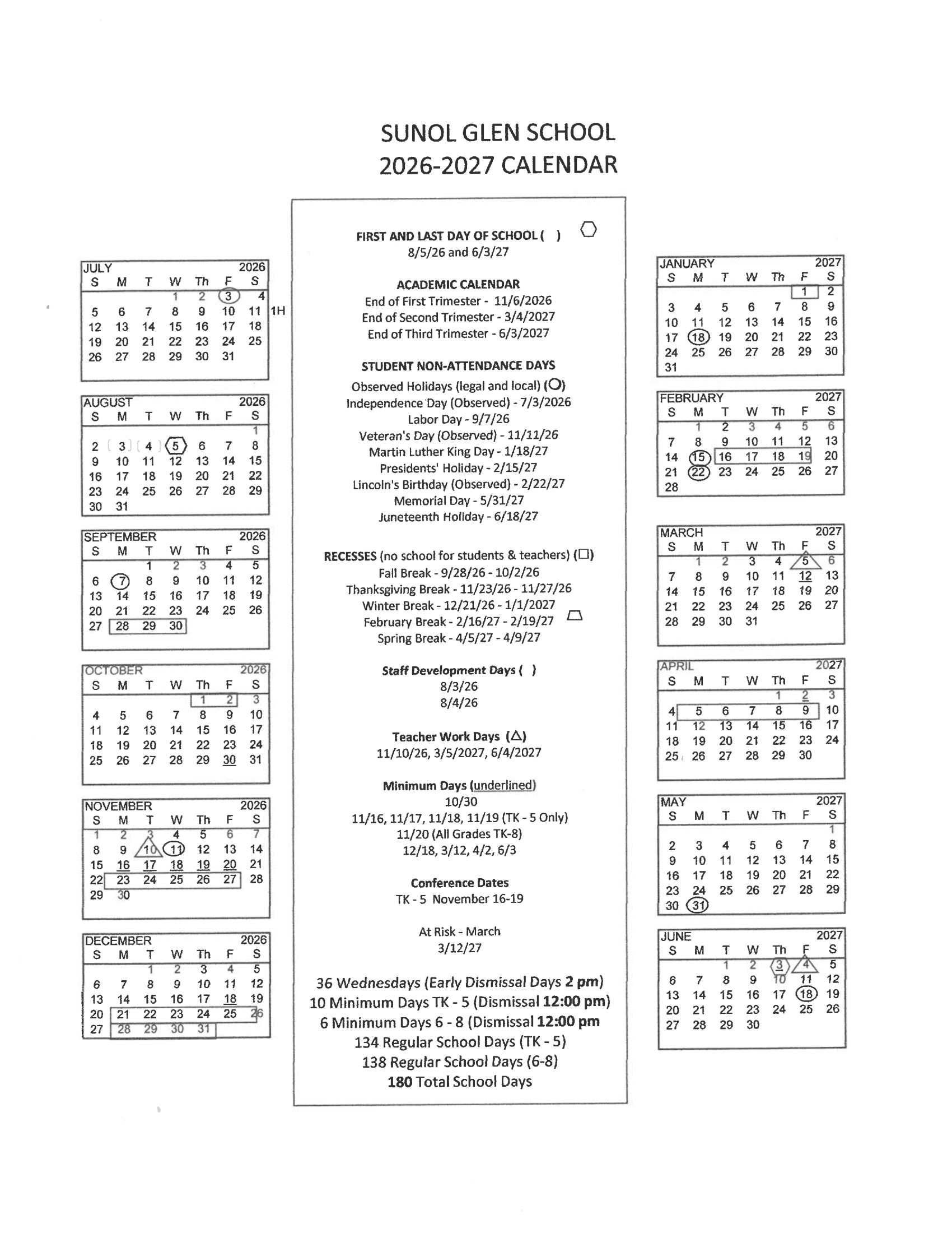 Sunol Glen School Calendar 26-27 Revised